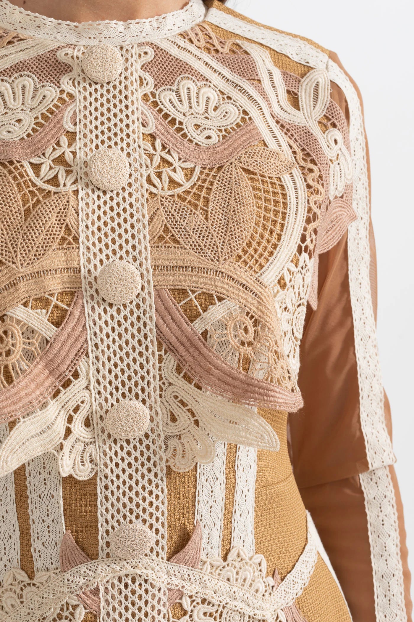 Layered Lace Mini Dress With Fitted Silhouette - Brown/Beige