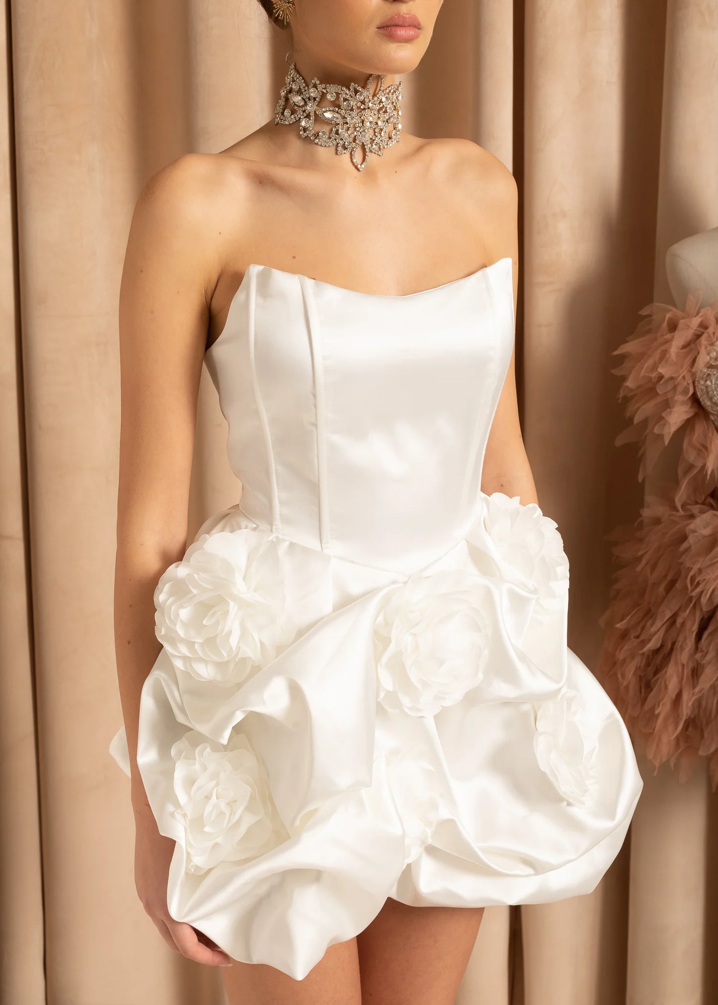 Sleeveless Satin Mini Dress With 3D Floral Mini Skirt - White