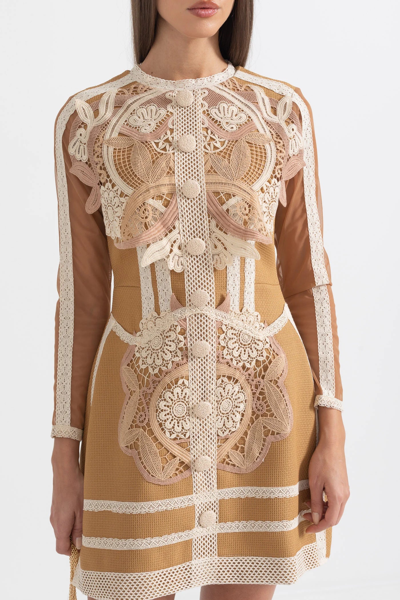 Layered Lace Mini Dress With Fitted Silhouette - Brown/Beige