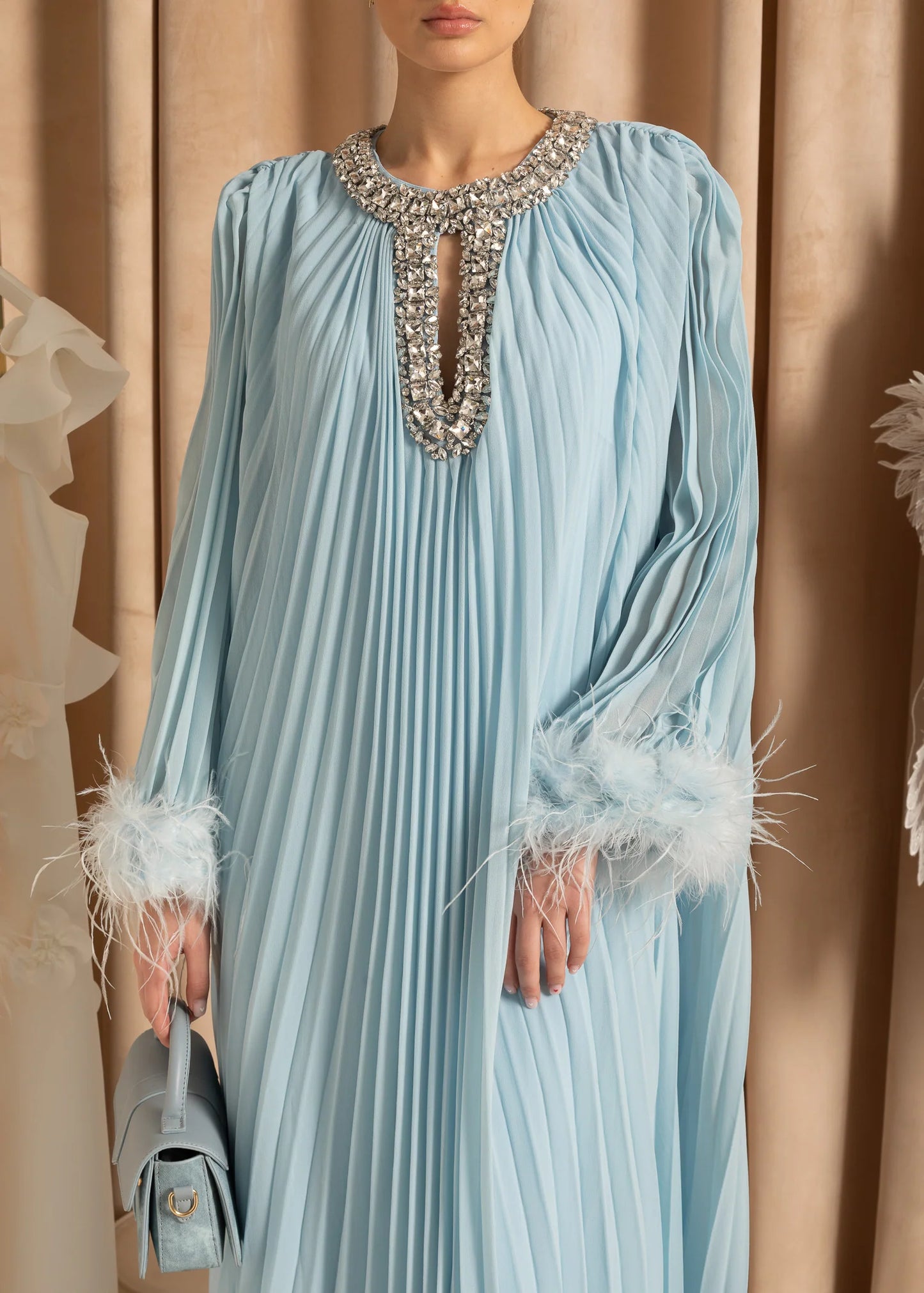 Elegant Ribbed Dress With Fluffy Cuffs And Sparkling Neckline Adornments - Baby Blue