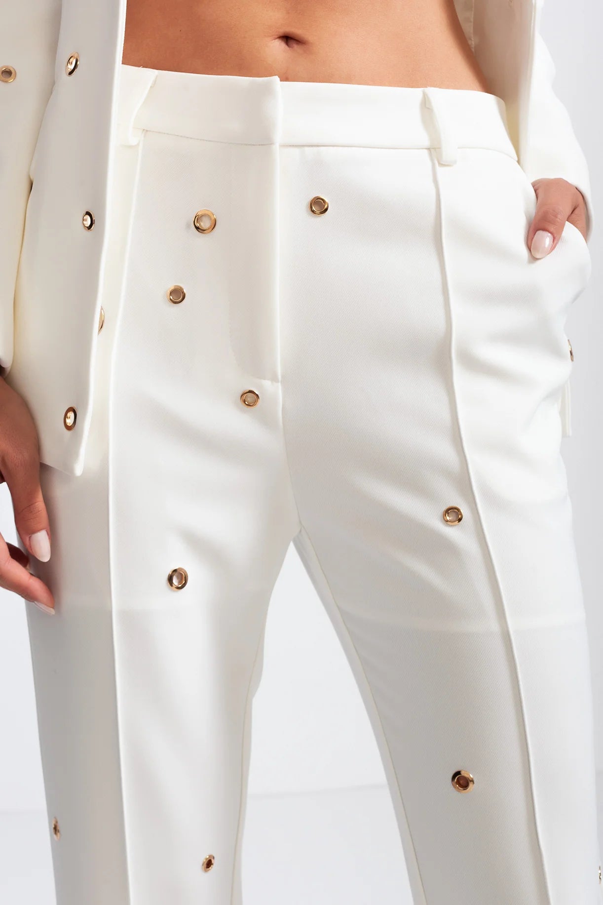 Elegant Two Piece Ensemble With Metallic Details - White