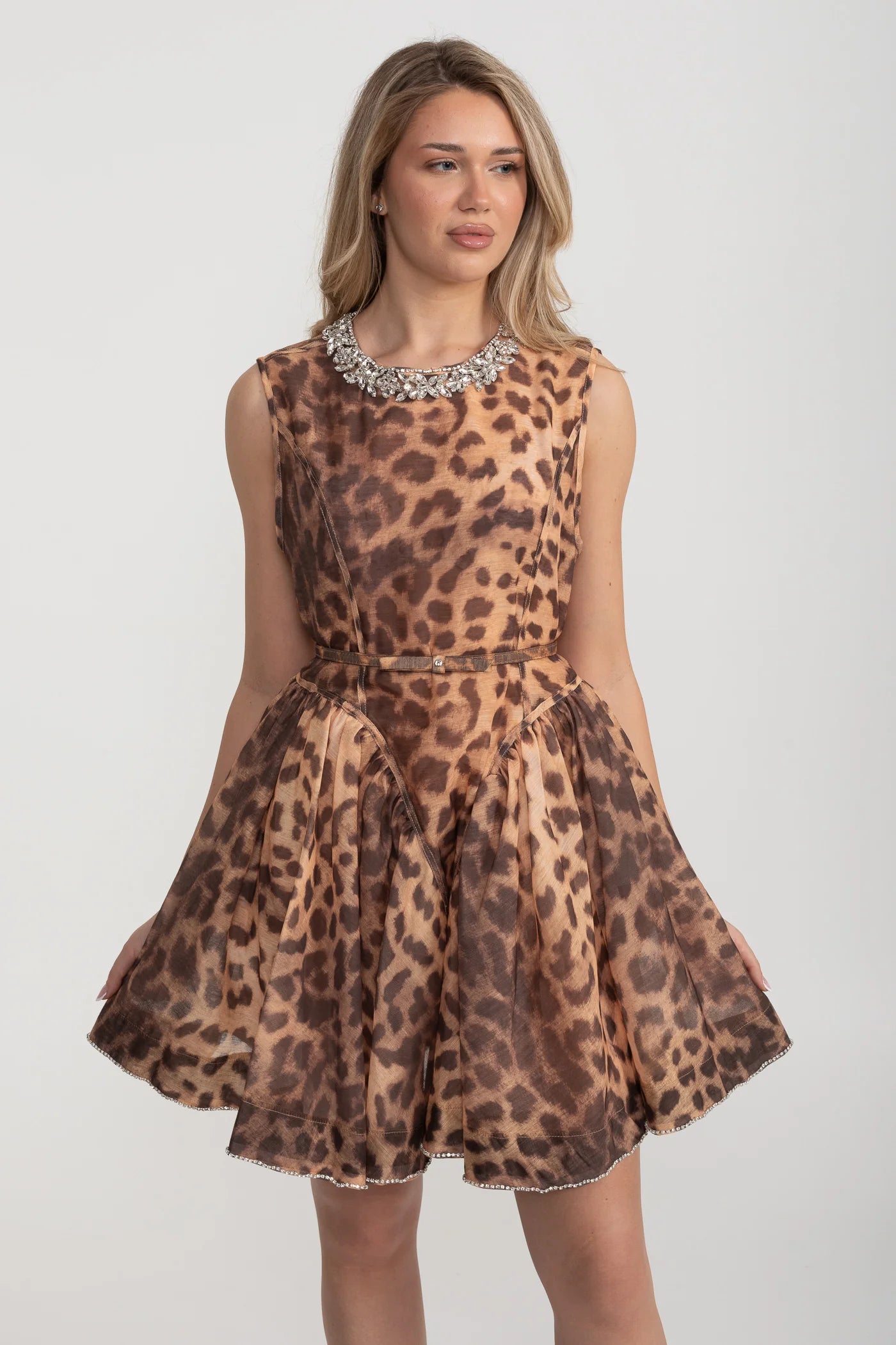Sleeveless Mini Dress With Leopard Print And Rhinestone Details - Brown