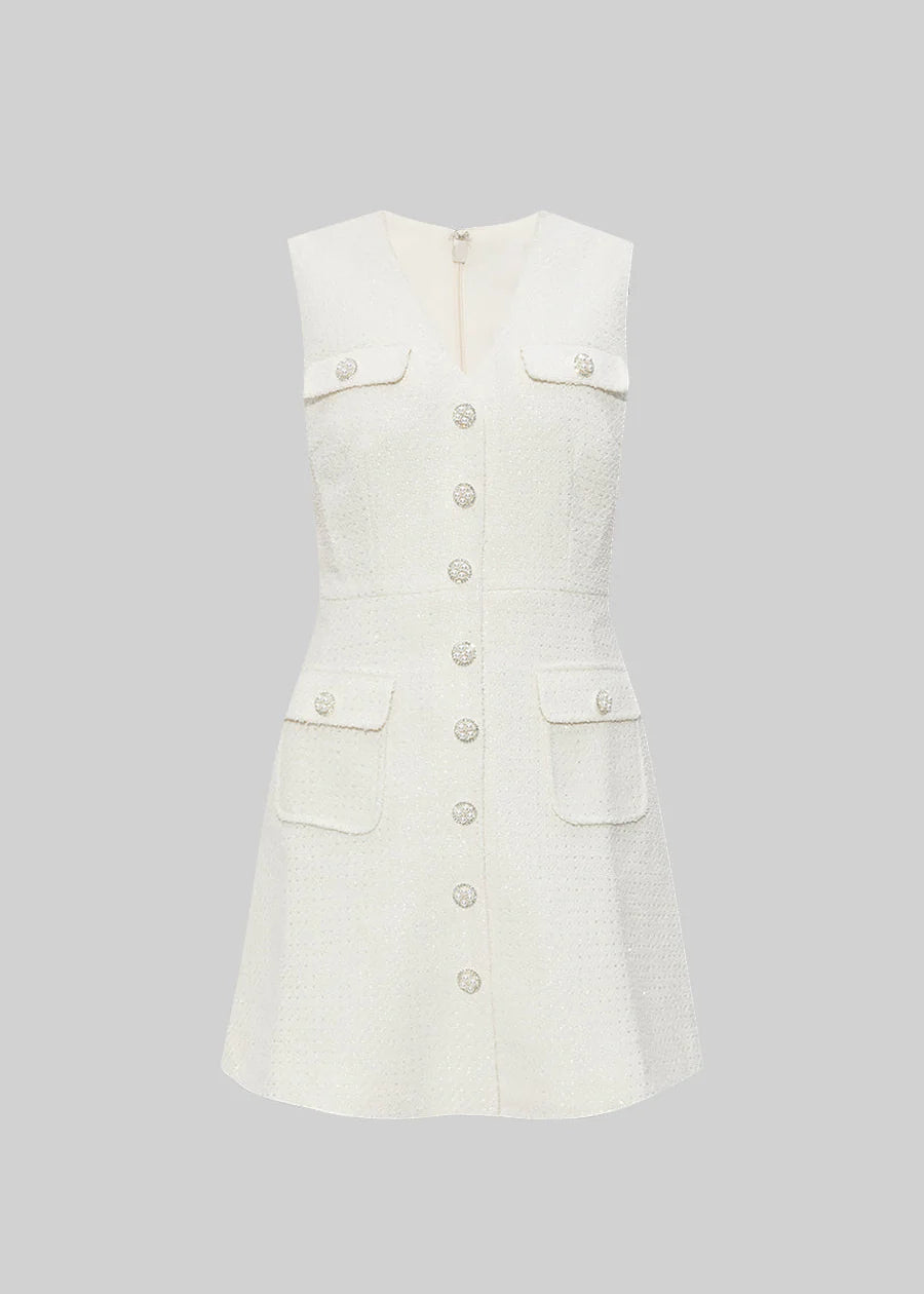 Textured Sleeveless Dress With Pearl Button Accents - White