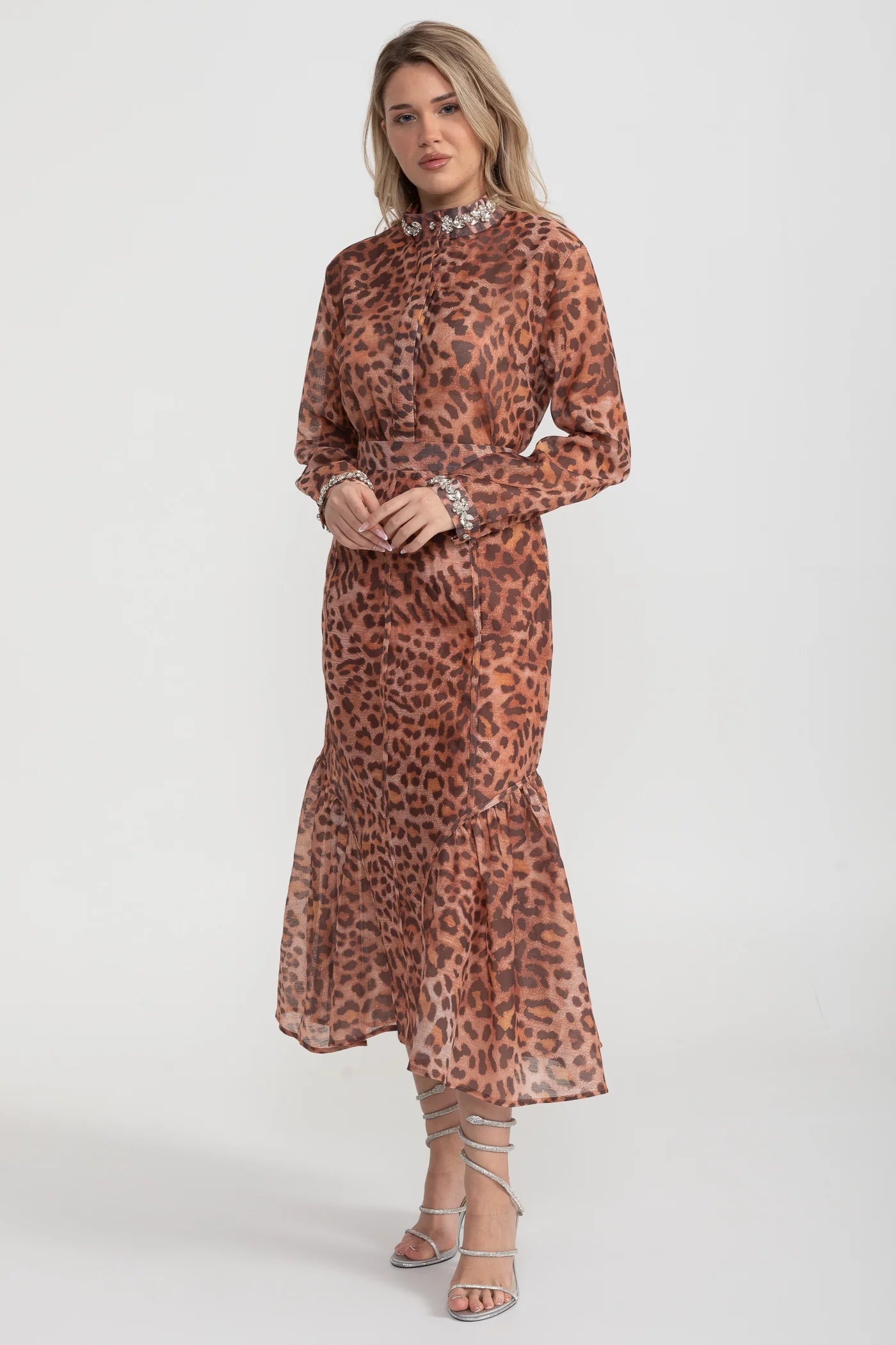 Embellished Collar Leopard Print Blouse & Skirt Set – Brown