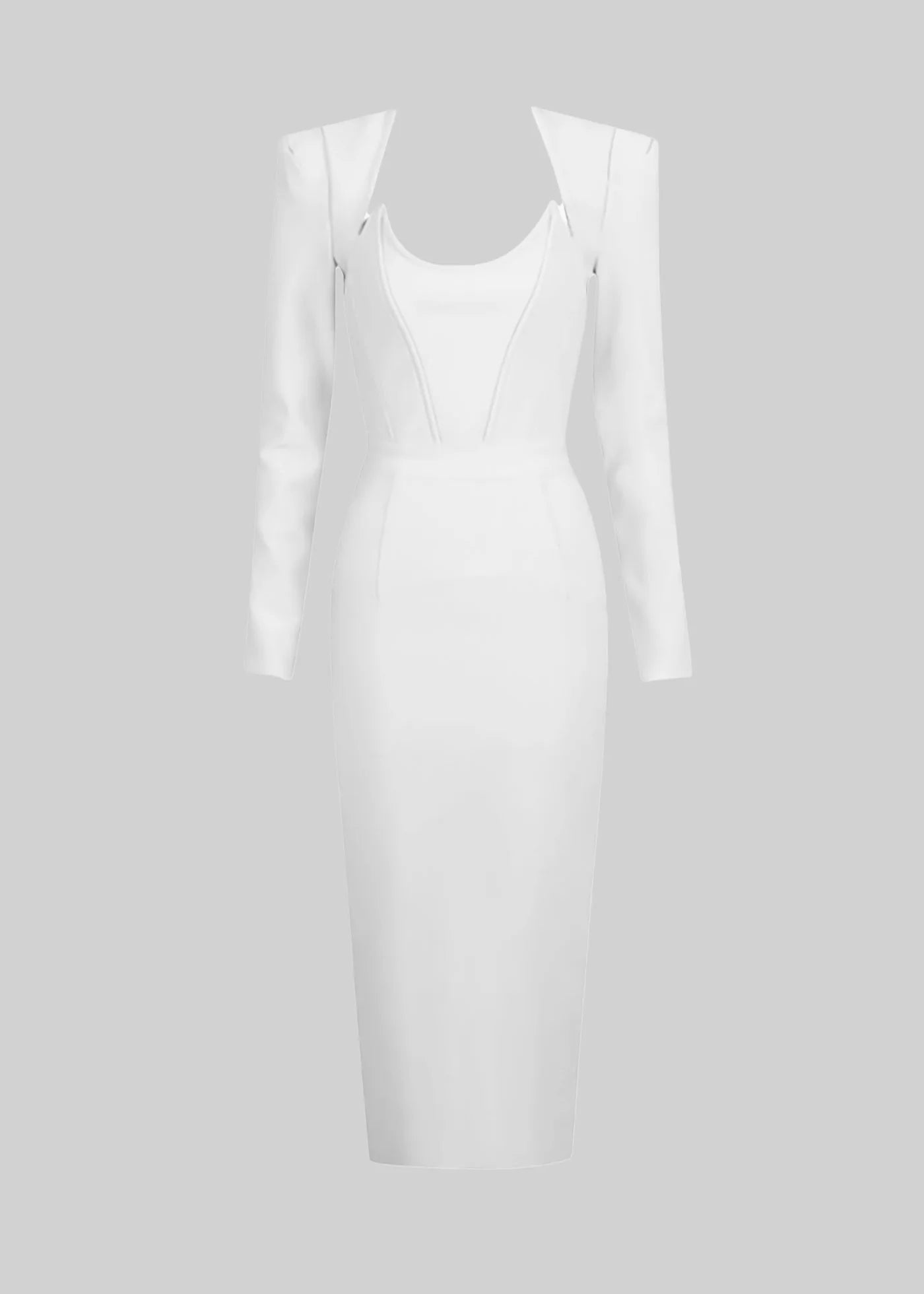 Elegant Fitted Midi Dress With Structured Shoulders - White