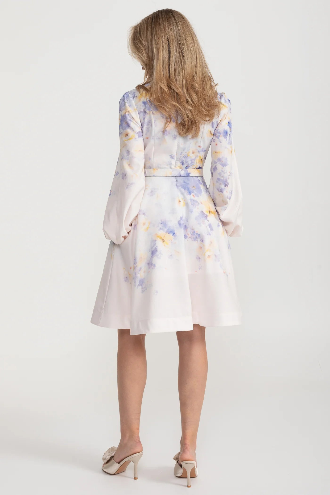 Watercolor Floral Belted Mini Dress with Mandarin Collar – Pastel Blue