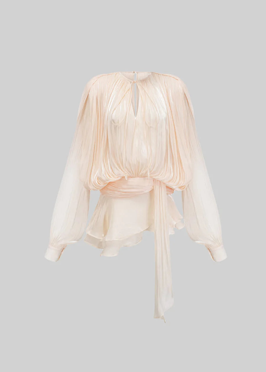 Flowing Long-Sleeved Mini Dress with Matching Waistband - Apricot
