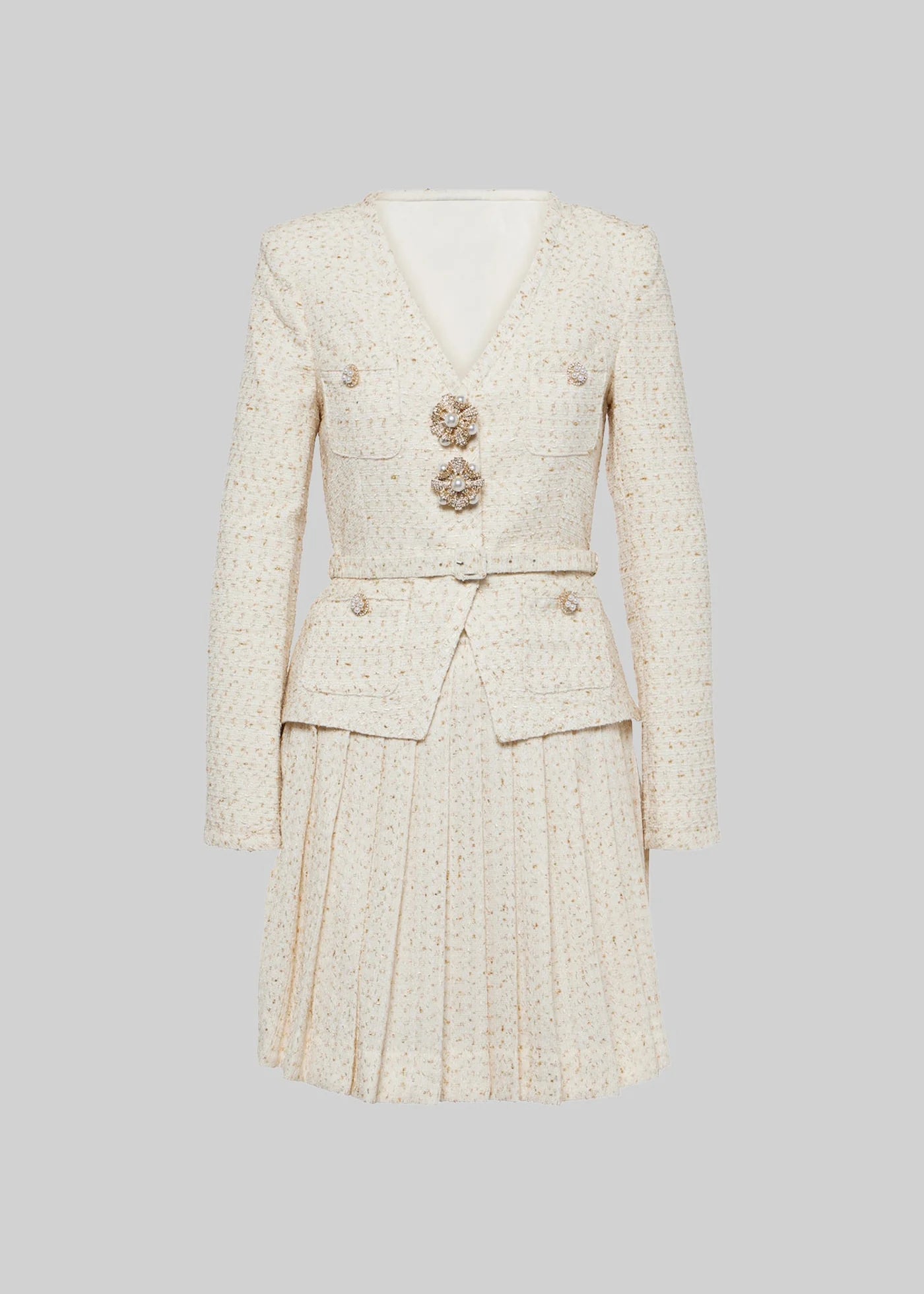 Elegant Knitted Two Piece Co-Ord With Pleated Mini Skirt - Ivoire
