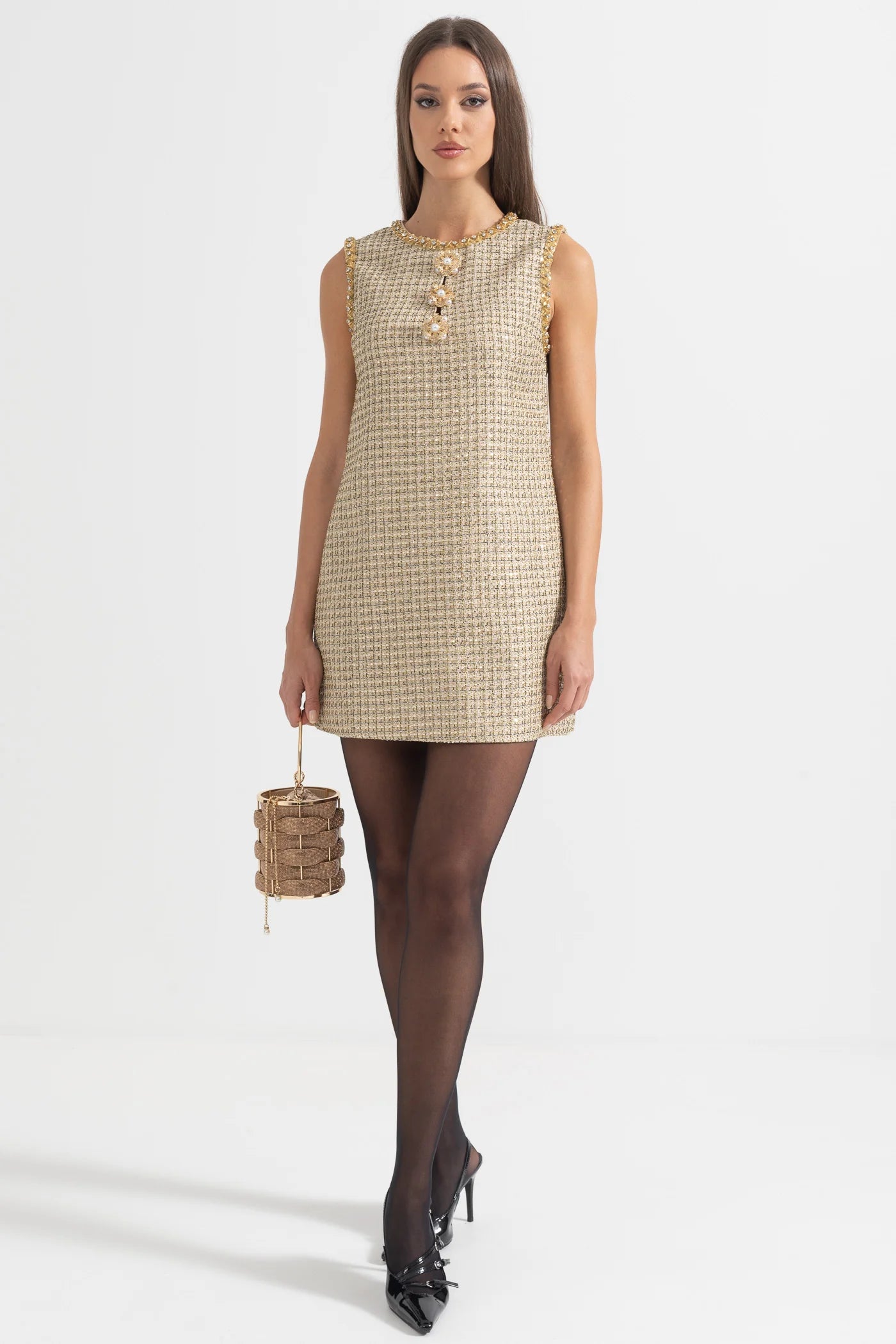 Textured Mini Dress With Golden Detailing And Buttons - Gold
