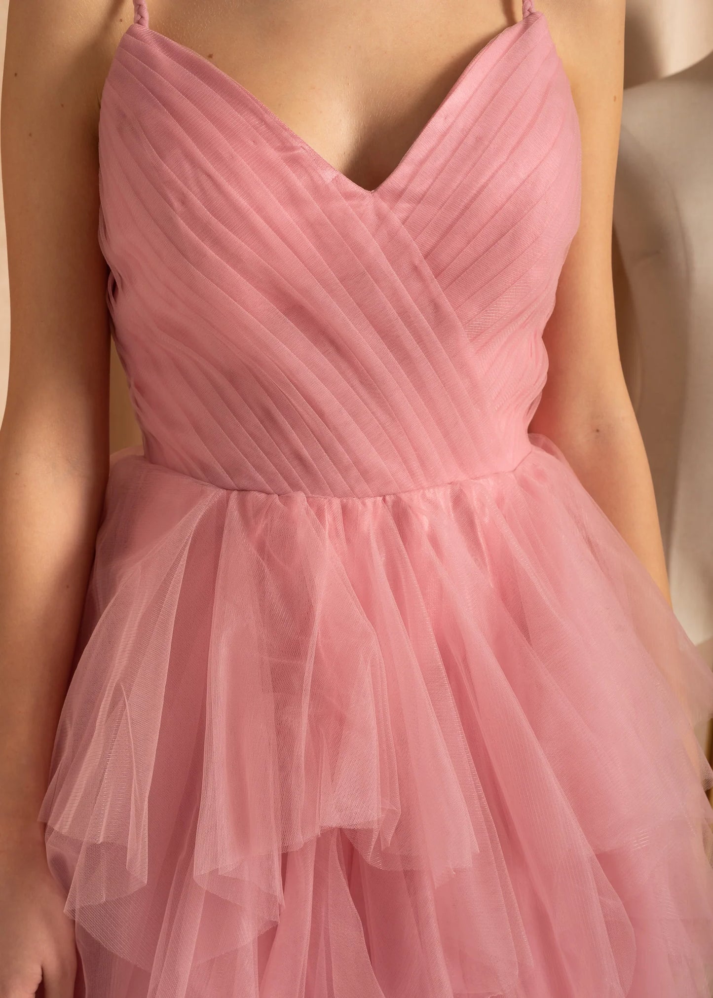 Elegant Tulle Gown With Flowing Full-Length Skirt - Peach