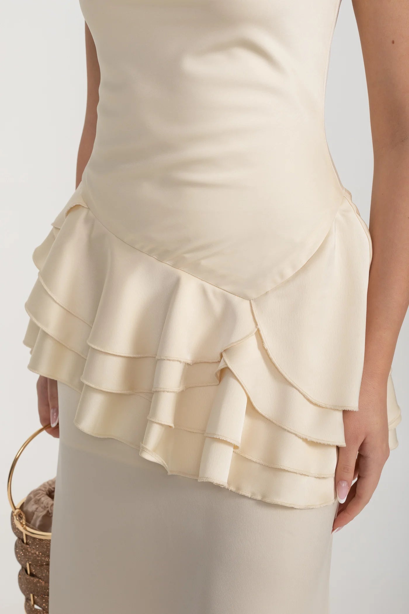 Spaghetti Strap Satin Maxi Dress with Asymmetric Ruffles - Ivoire