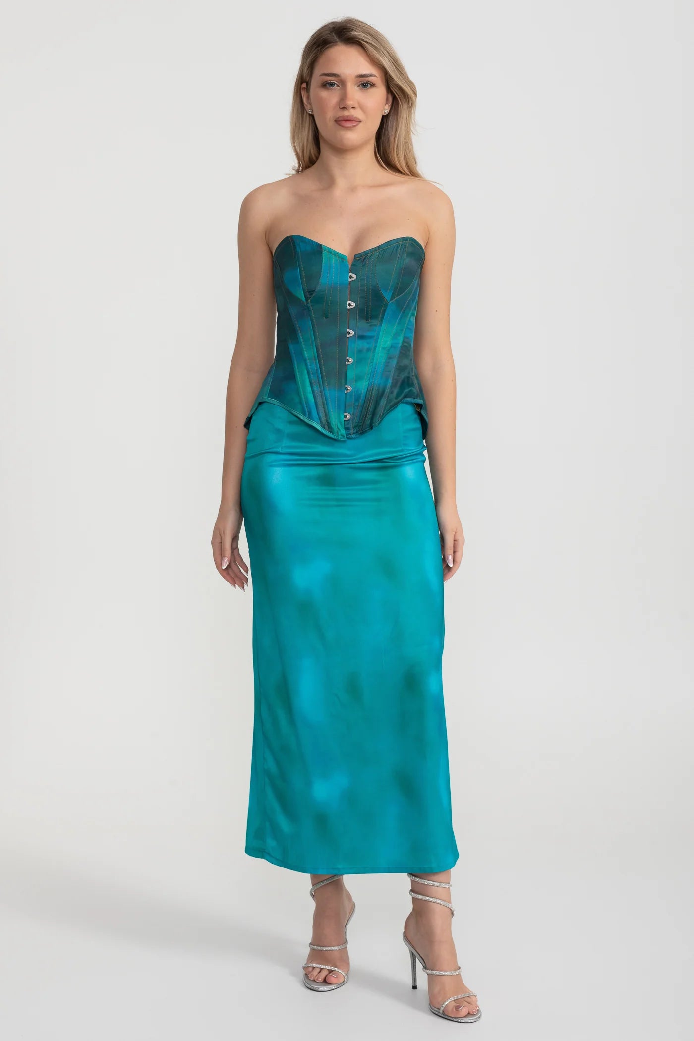 Strapless Corset Satin Set With Front Button Detail And Matching Skirt - Turquoise
