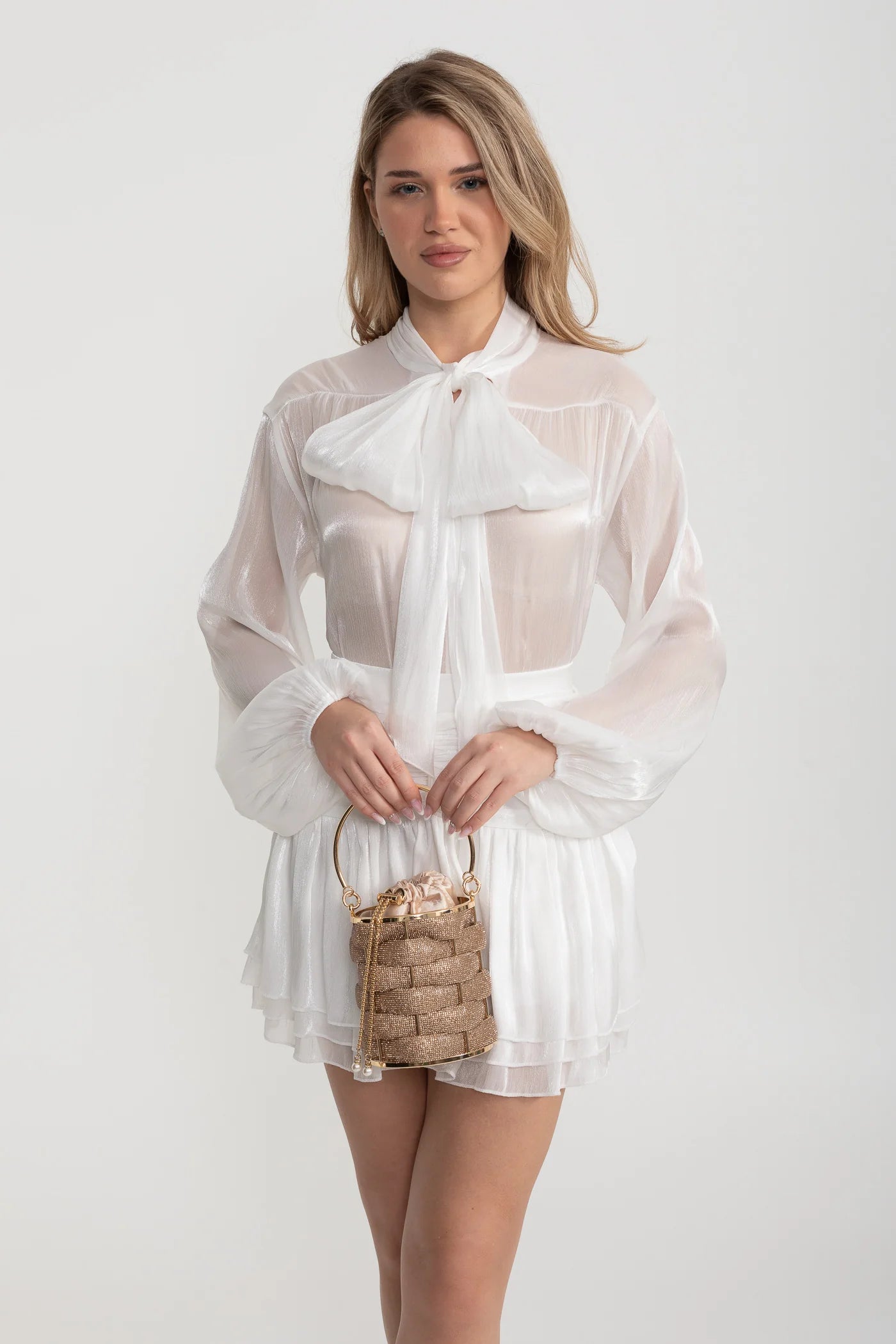Sheer Bow Blouse And Layered Mini Skirt Set - White