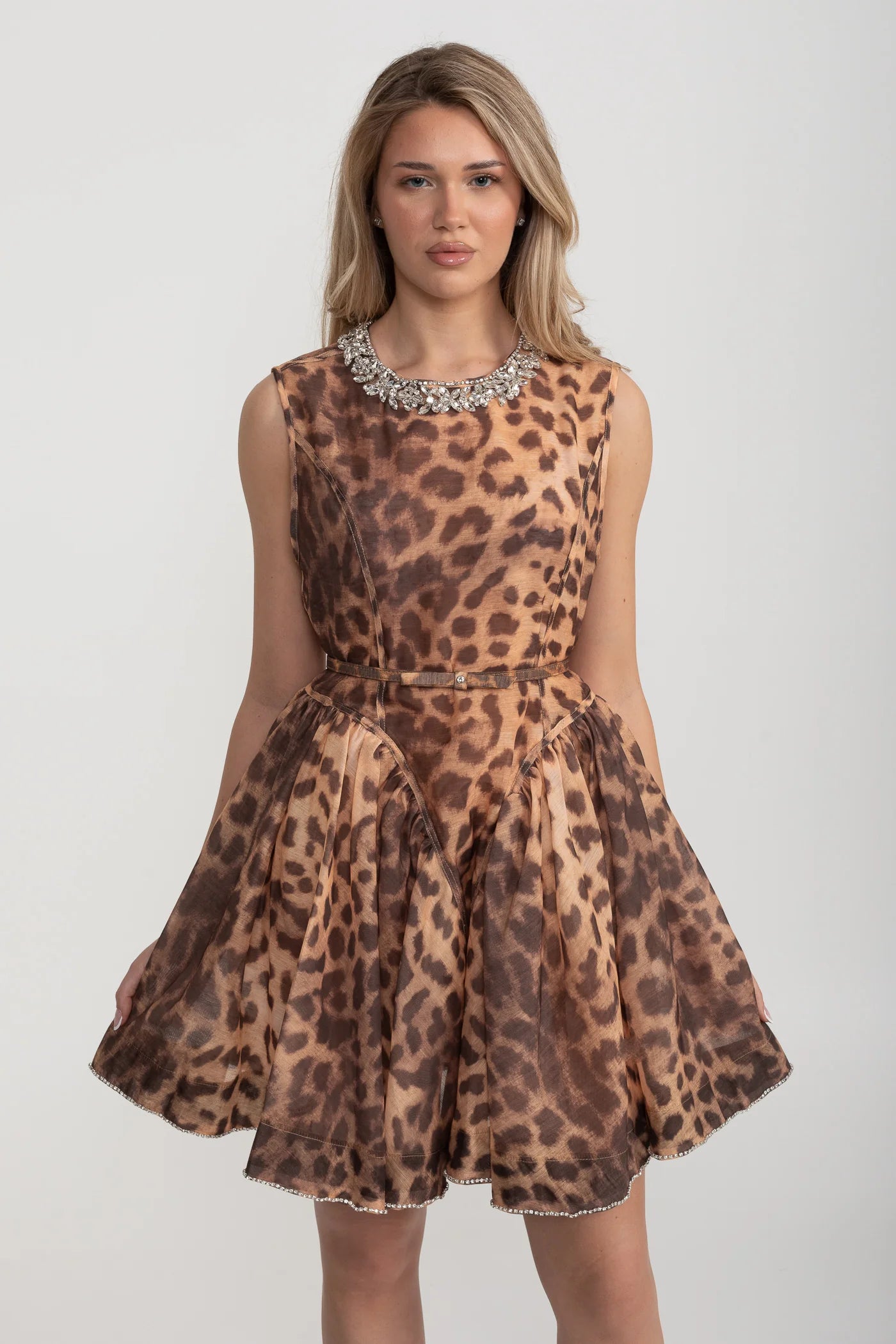 Sleeveless Mini Dress With Leopard Print And Rhinestone Details - Brown