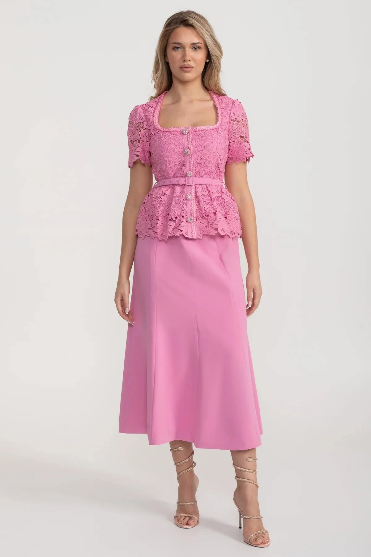 Lace Bodice Set With Peplum Detail And Midi Skirt - Pink