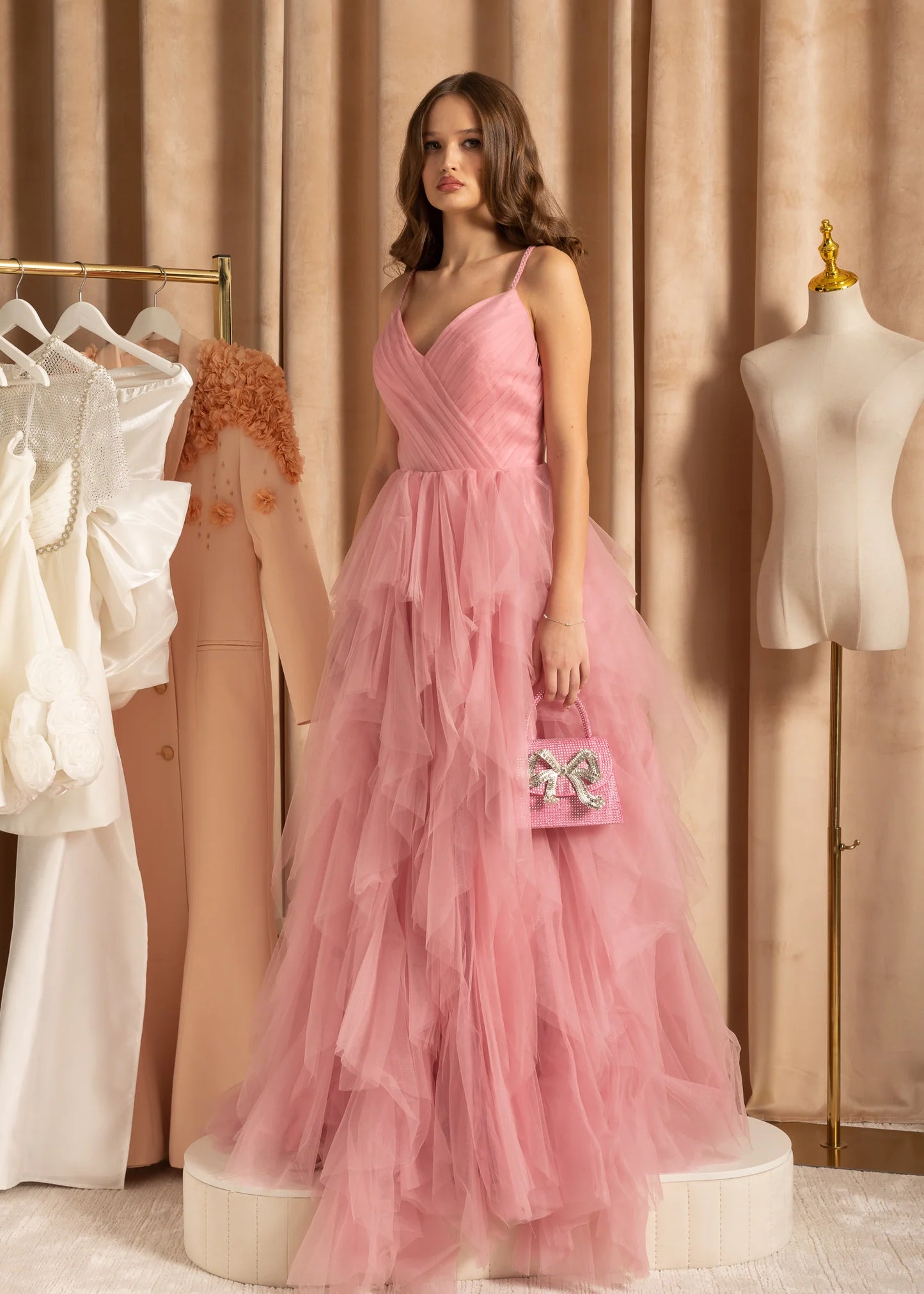 Elegant Tulle Gown With Flowing Full-Length Skirt - Peach