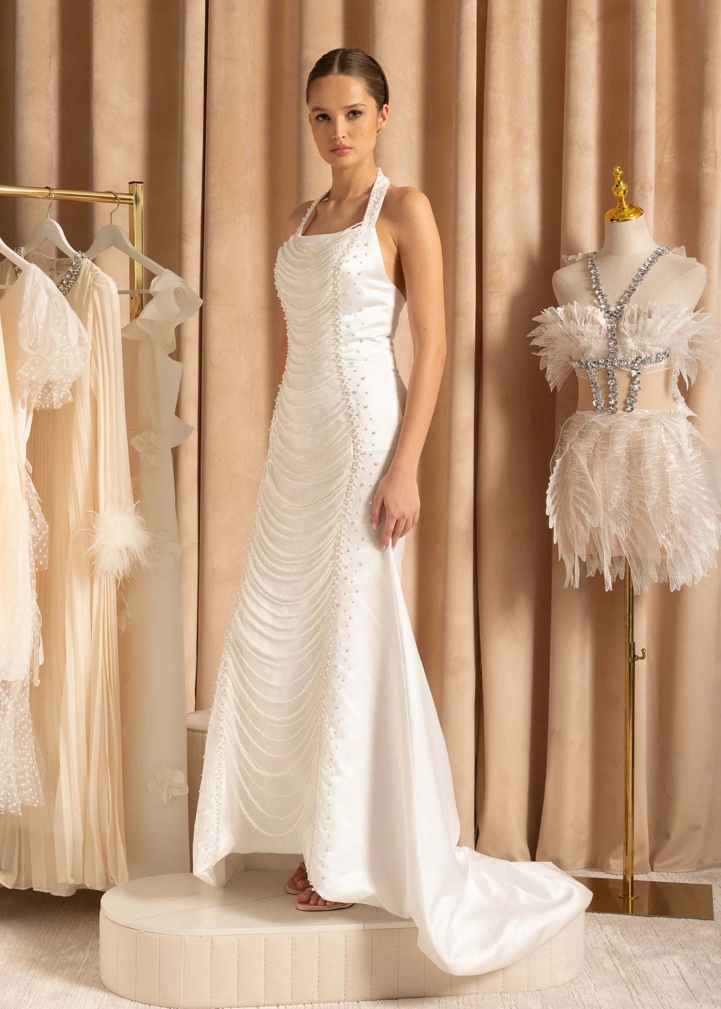 Exquisite Satin Evening Gown With Pearls - White