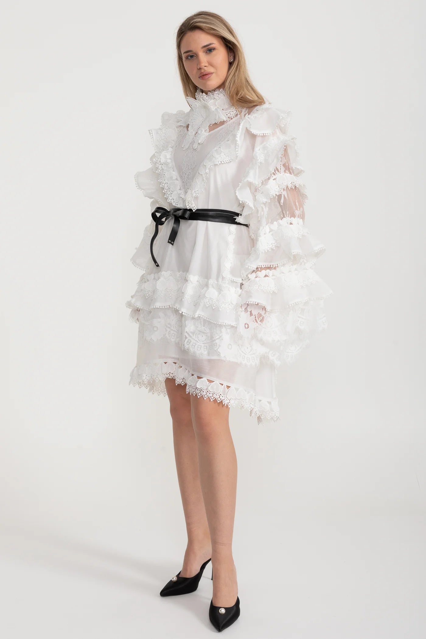 Victorian-Inspired Ruffled Lace Mini Dress – White