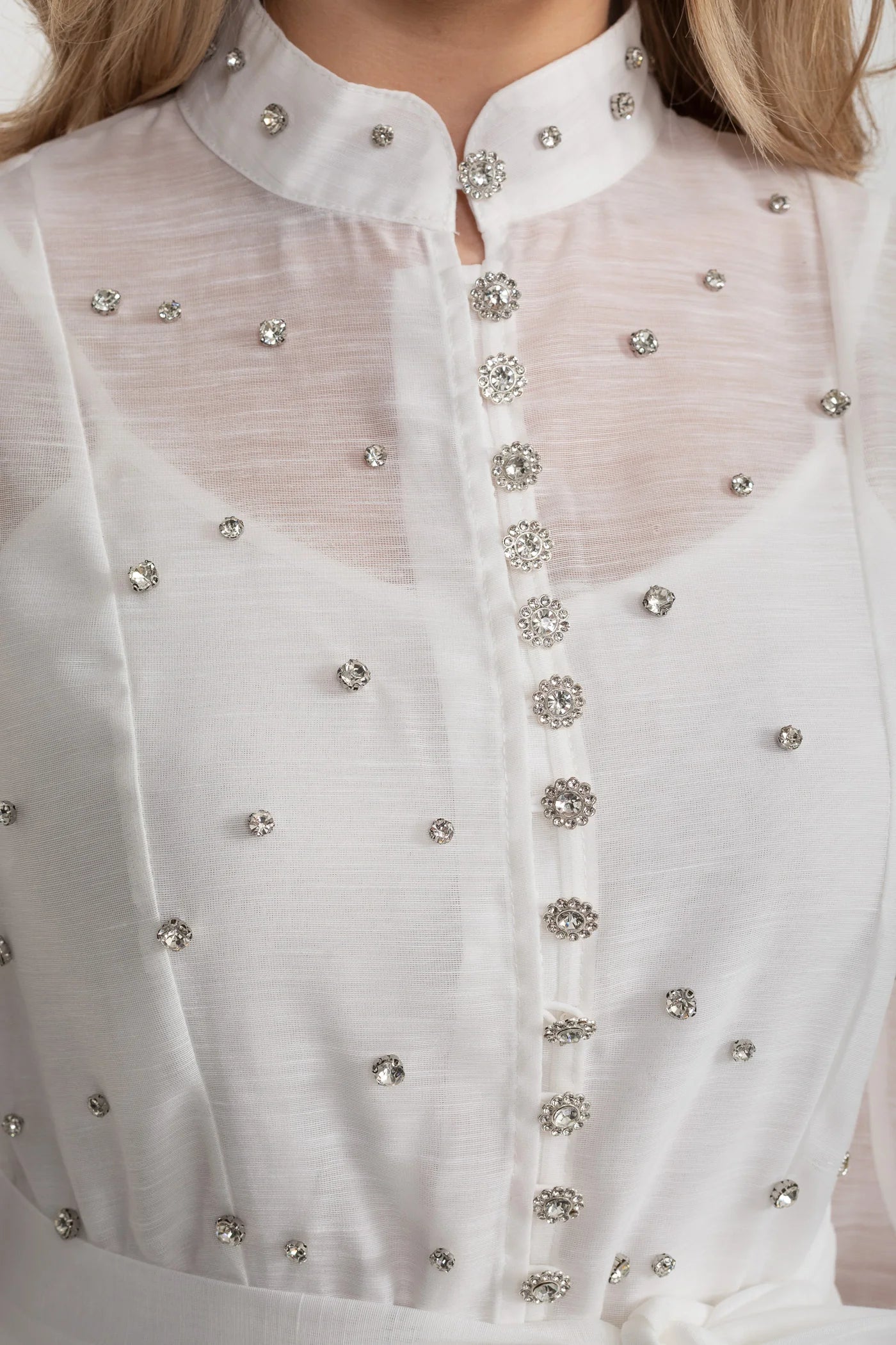Long Sleeve Mini Dress with Crystal Embellishments - White