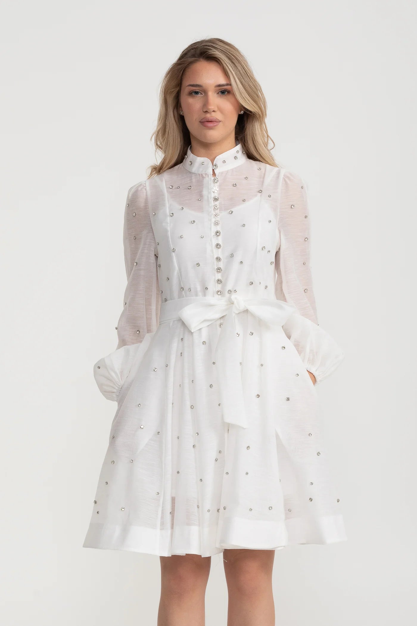 Long Sleeve Mini Dress with Crystal Embellishments - White