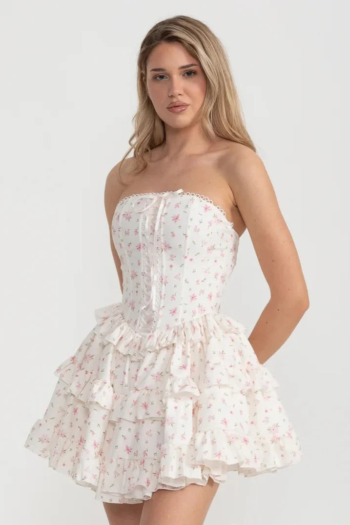 Strapless Ruffled Mini Dress with Floral Print - White/Pink