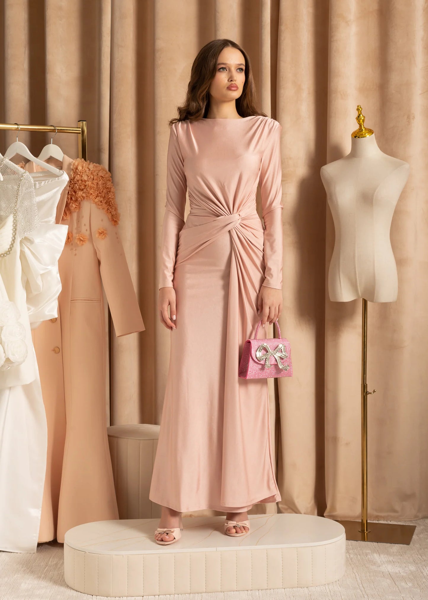Elegant Satin Dress With Long Sleeves And Ruched Waist Detailing - Beige