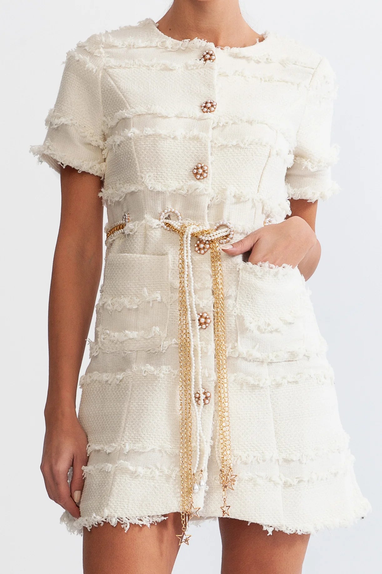 Tweed Dress With Golden Chains And Pearls - Beige