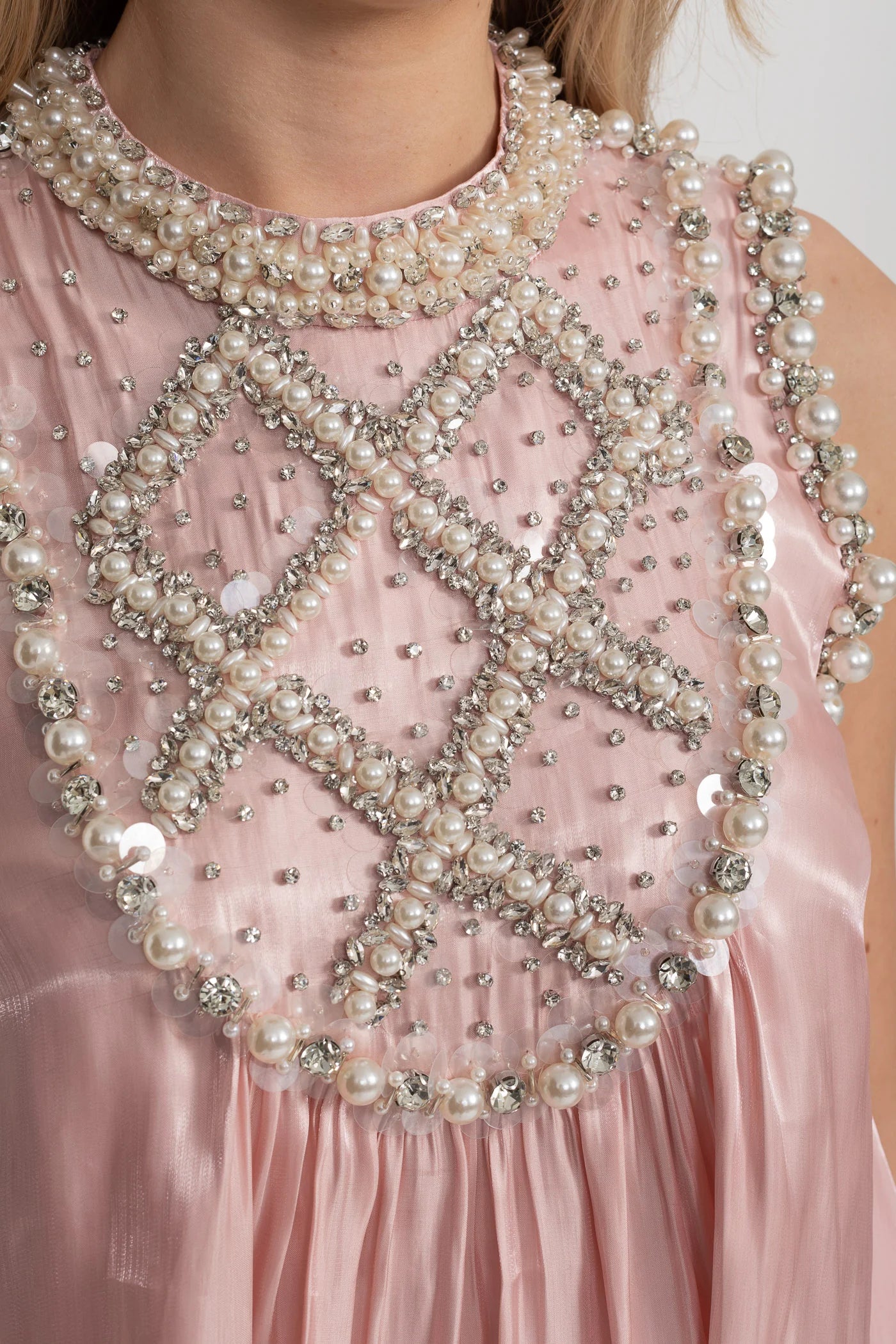 Elegant A-Line Sleeveless Dress With Intricate Pearl And Crystal Embellishments - Pink