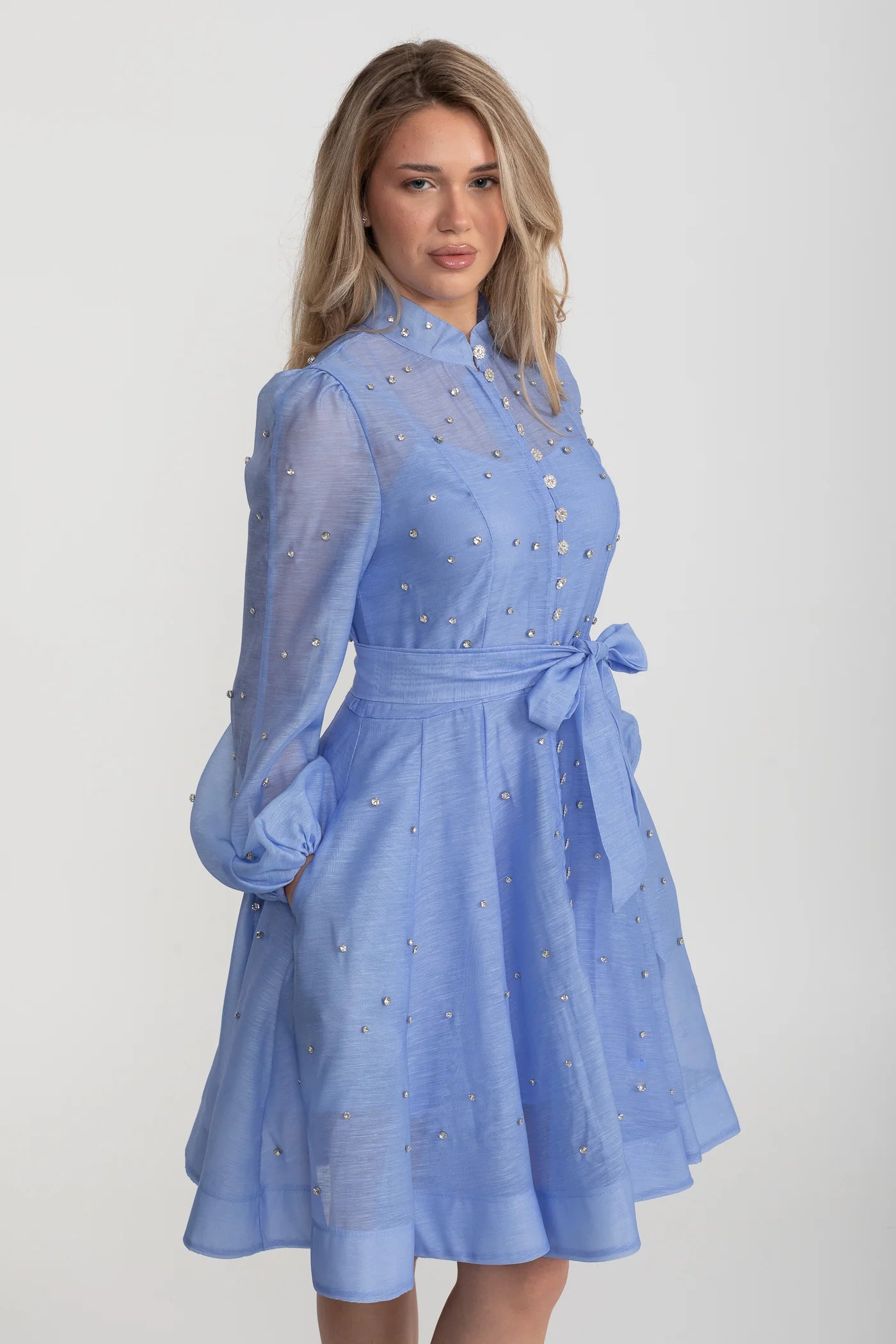 Long Sleeve Mini Dress with Crystal Embellishments - Blue