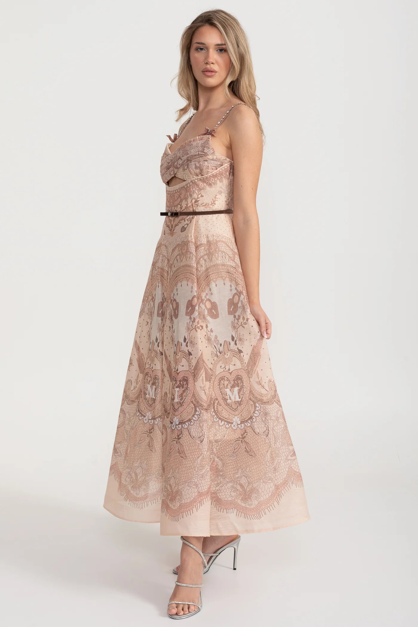 Printed Cutout Corset Maxi Dress With Black Waistband - Brown