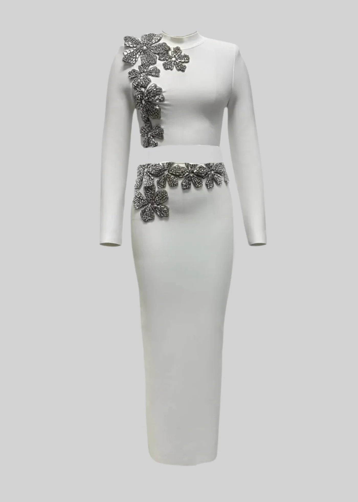 Silver Flowers 2 Piece Set With Long Sleeved Top And Maxi Skirt - White