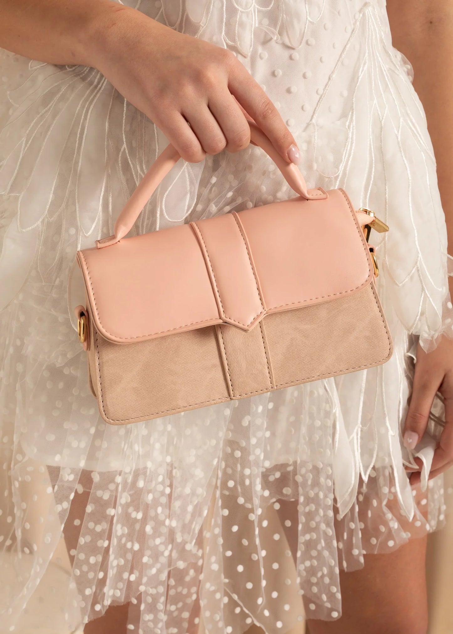 Bicolor Handbag With Contrasting Textures - Pink