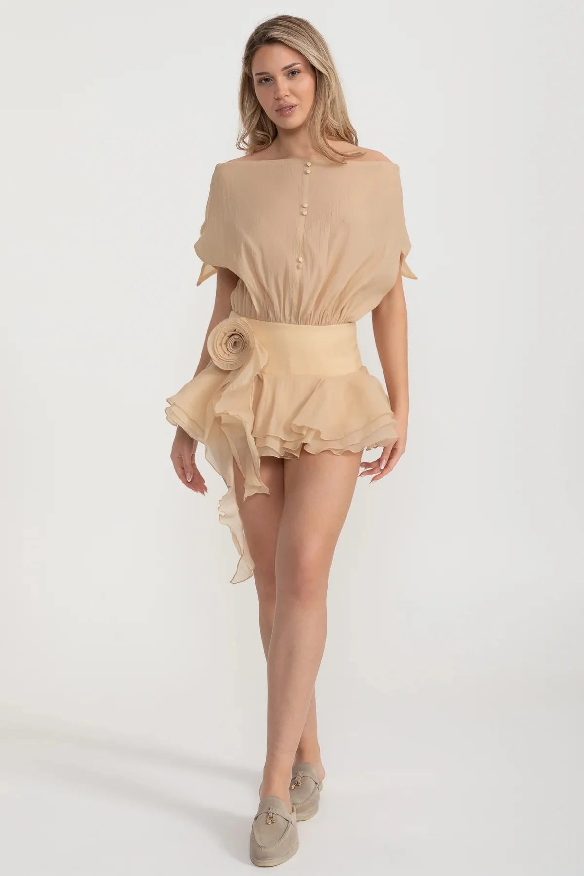 Off-Shoulder Ruffled Romper with Rosette Waist Detail - Beige