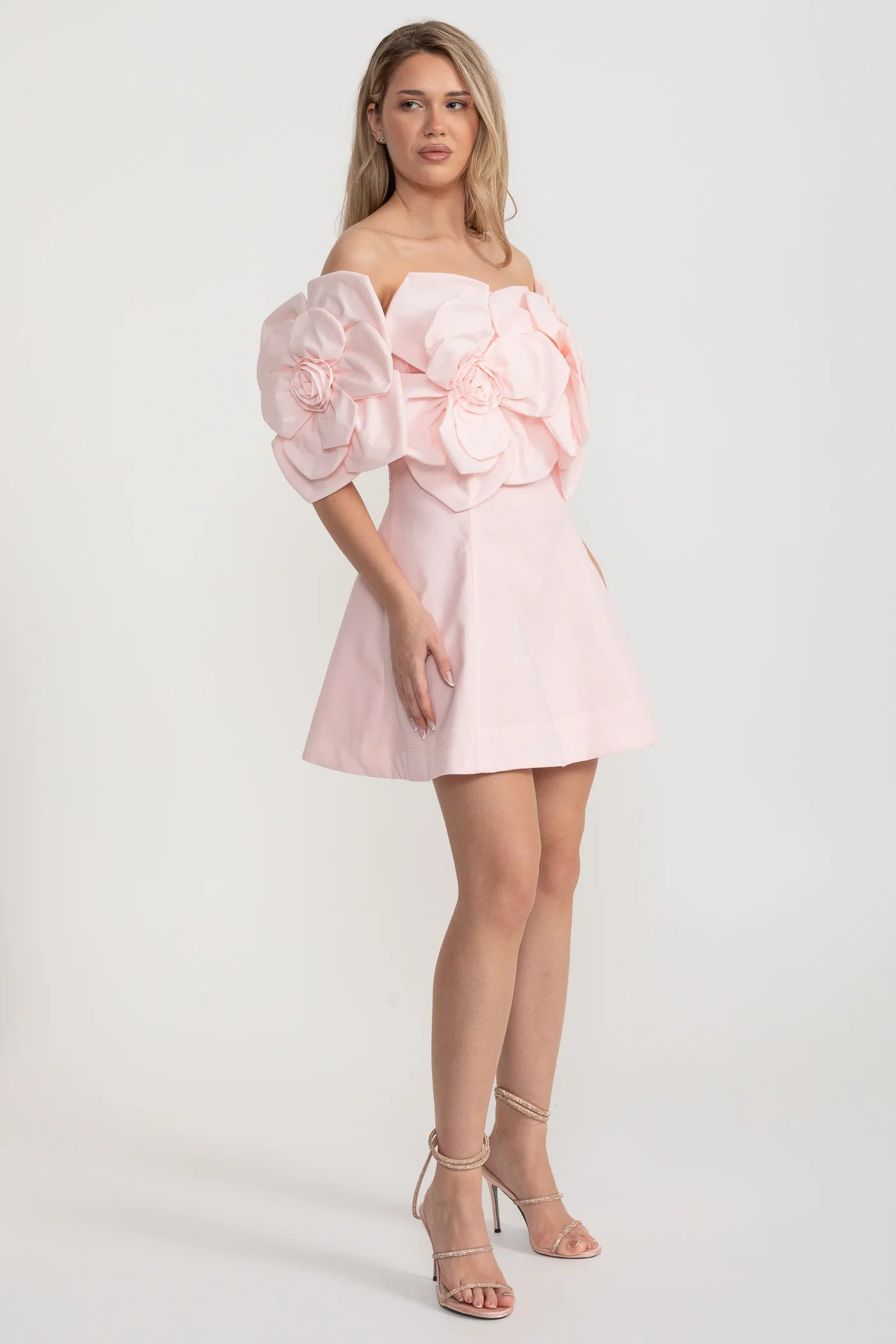 Off-Shoulder Mini Dress with Oversized Floral Appliqués - Pink