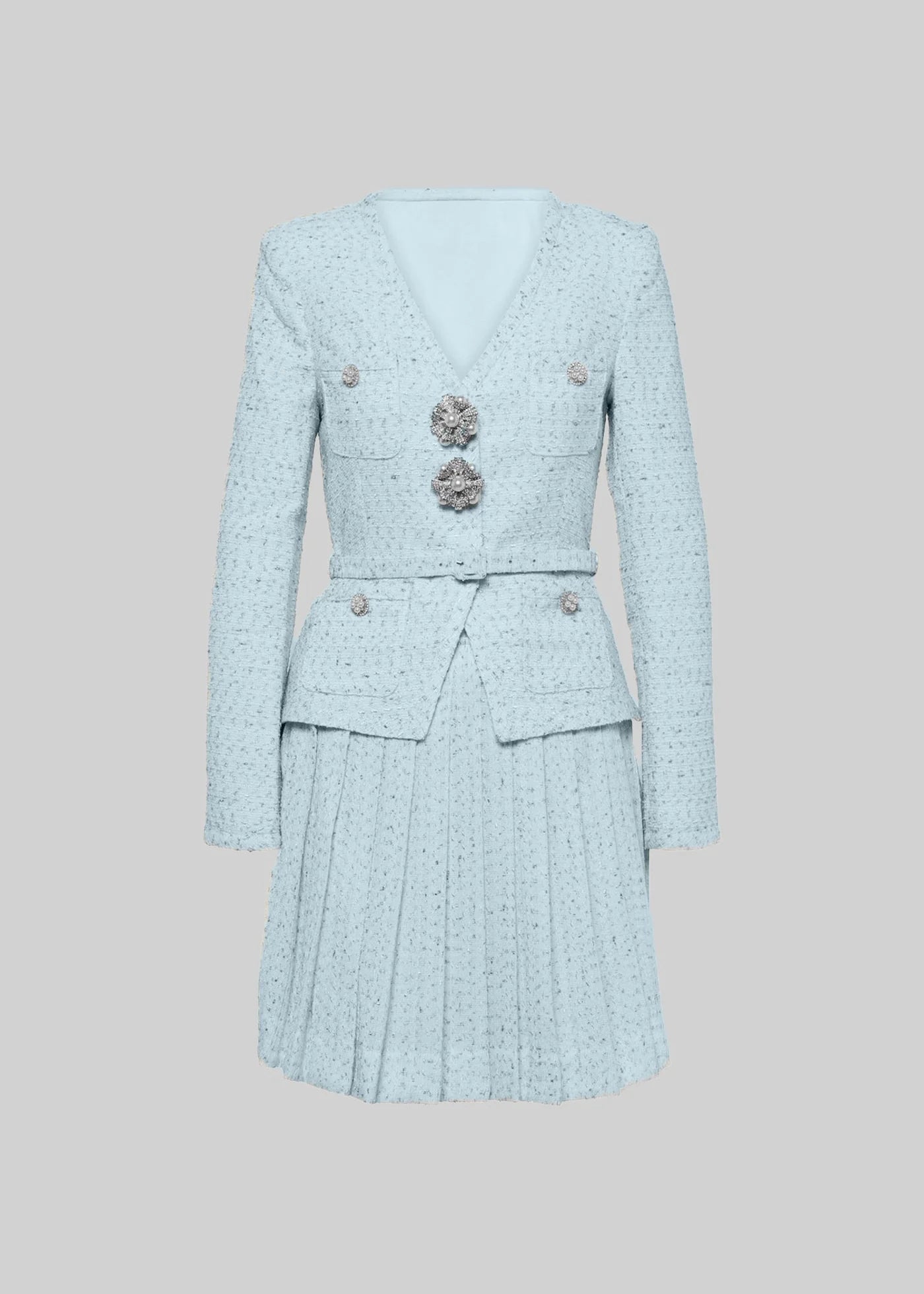 Elegant Knitted Two Piece Co-Ord With Pleated Mini Skirt - Blue