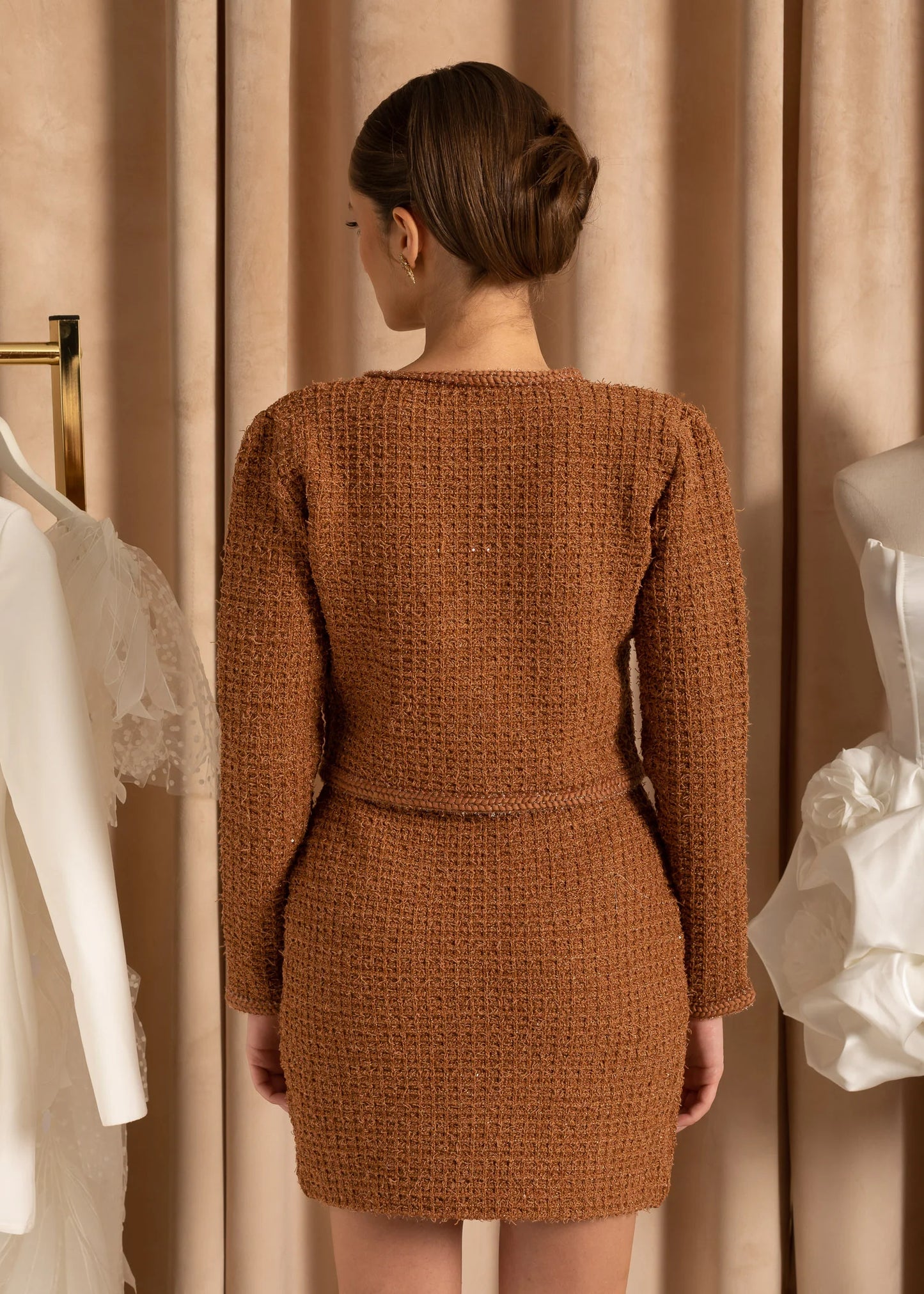 Knitted Two Piece Ensemble With Tweed Jacket and Skirt Set - Brown