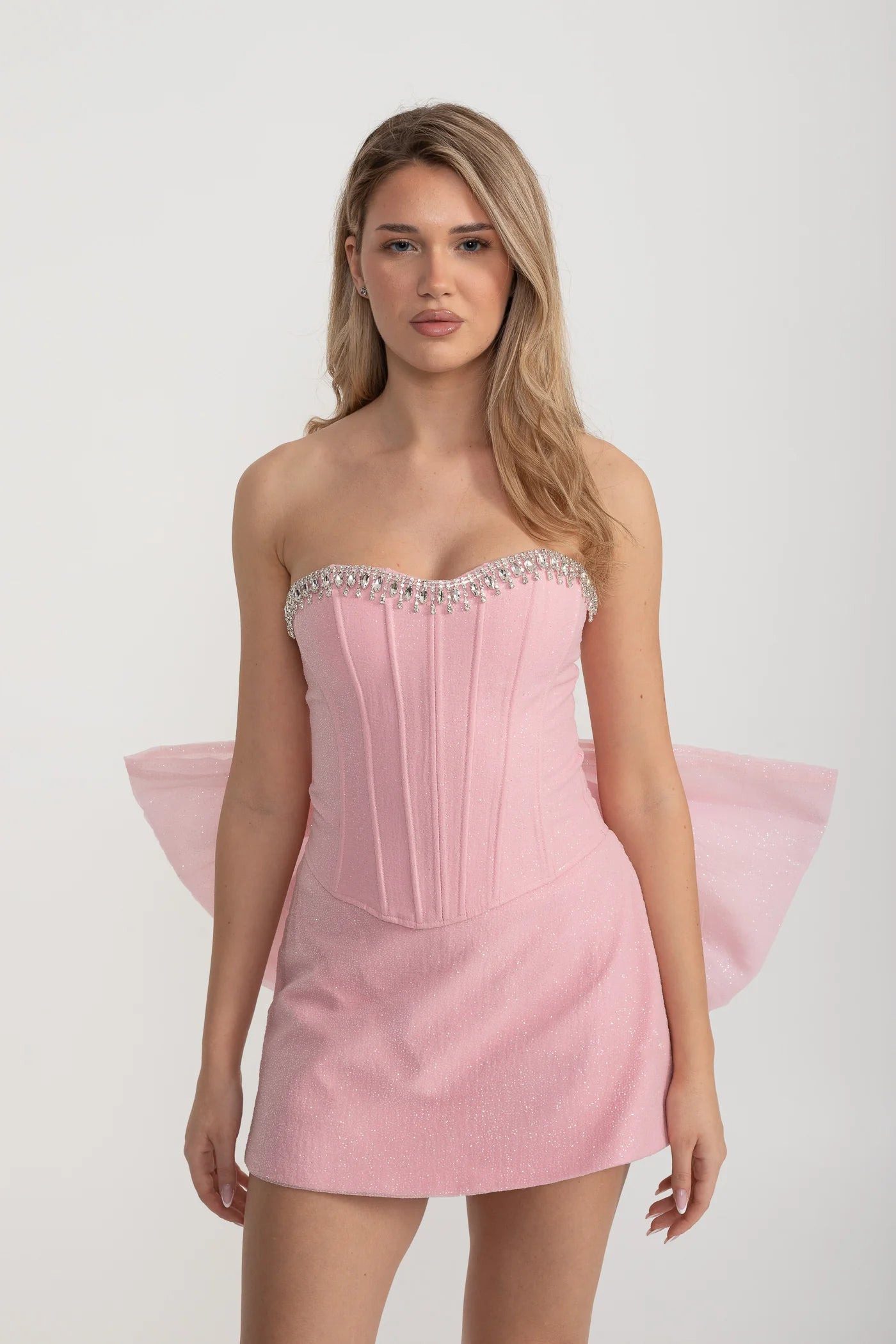 Strapless Mini Set with Crystal Trim and Oversized Bow - Pink