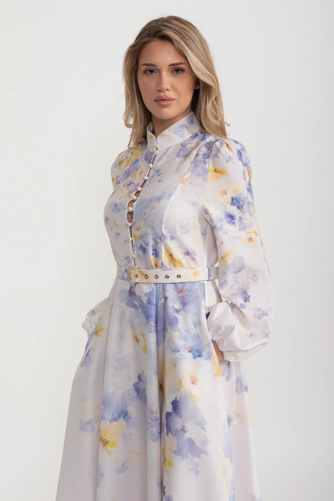 Watercolor Floral Belted Midi Dress with Mandarin Collar – Pastel Blue