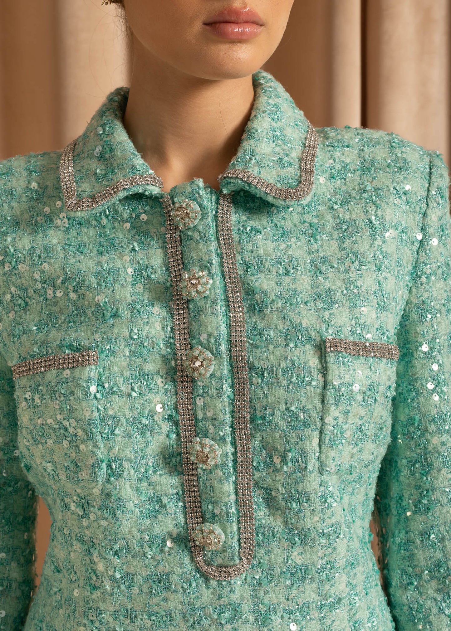 Textured Sequin Dress With Silver Embellishments - Turquoise