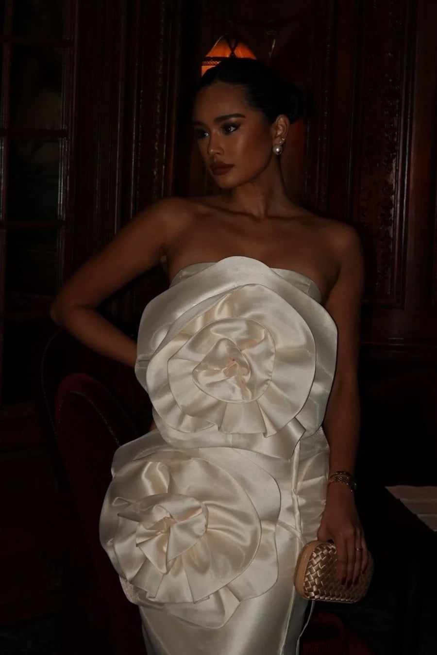 3D Sculpted Flowers Midi Dress - Ivoire