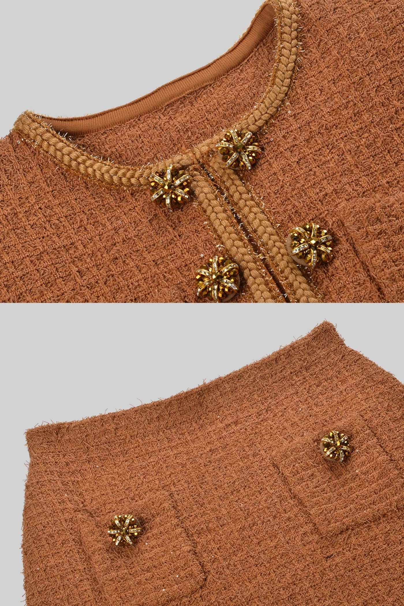 Knitted Two Piece Ensemble With Tweed Jacket and Skirt Set - Brown