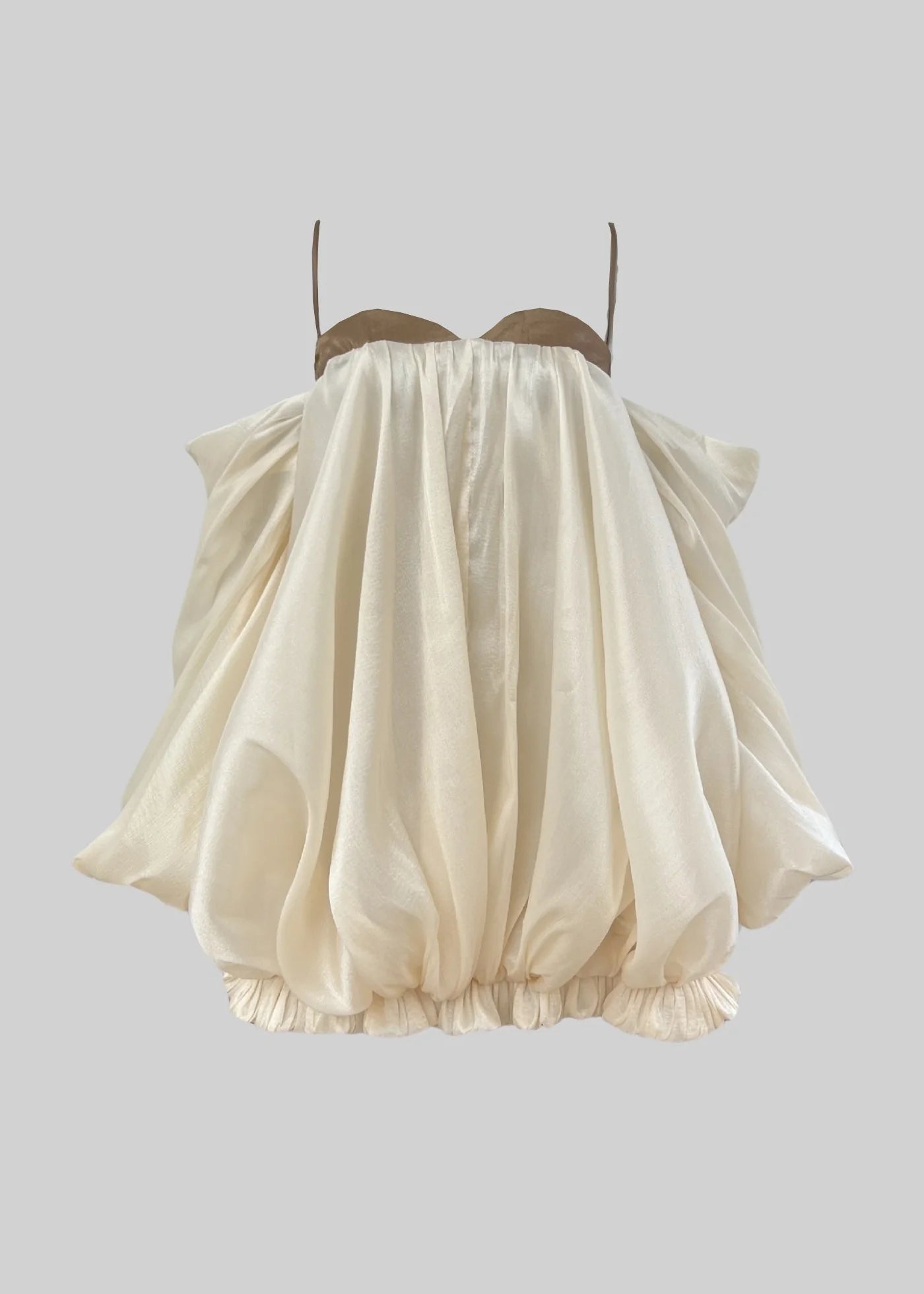 Off Shoulder Flowing Mini Dress With Contrasting Brown Elements - Beige