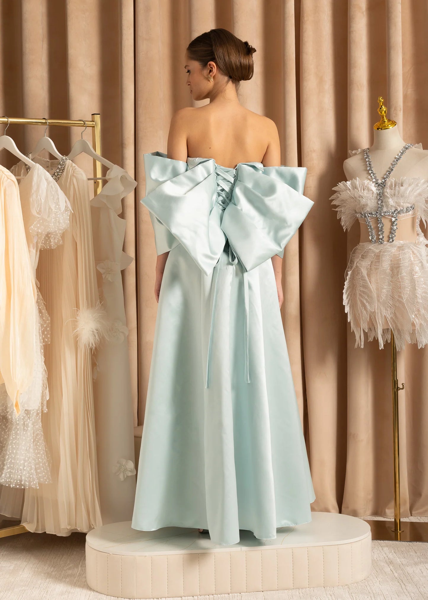 Elegant Satin Strapless Dress With Oversized Back Bow - Baby Blue