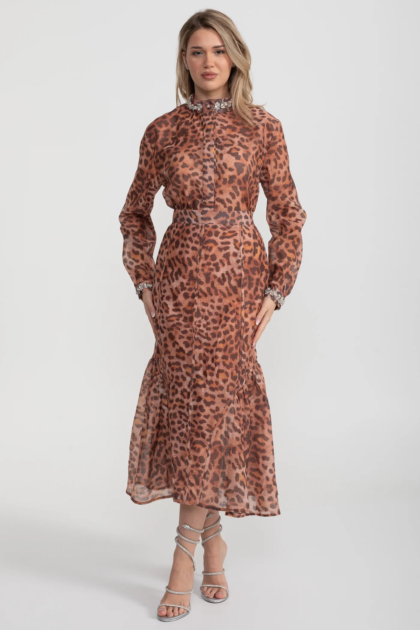 Embellished Collar Leopard Print Blouse & Skirt Set – Brown