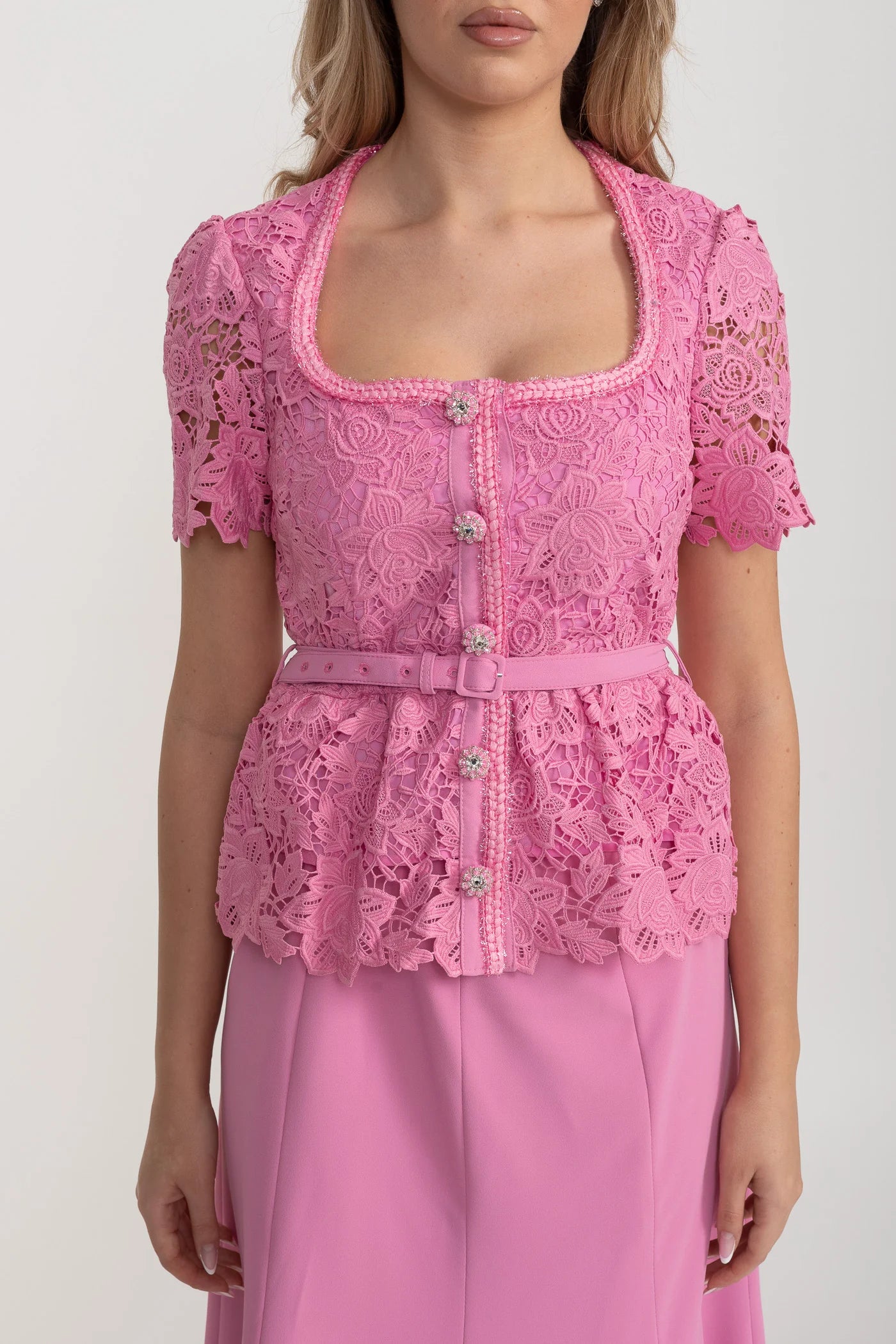 Lace Bodice Set With Peplum Detail And Midi Skirt - Pink