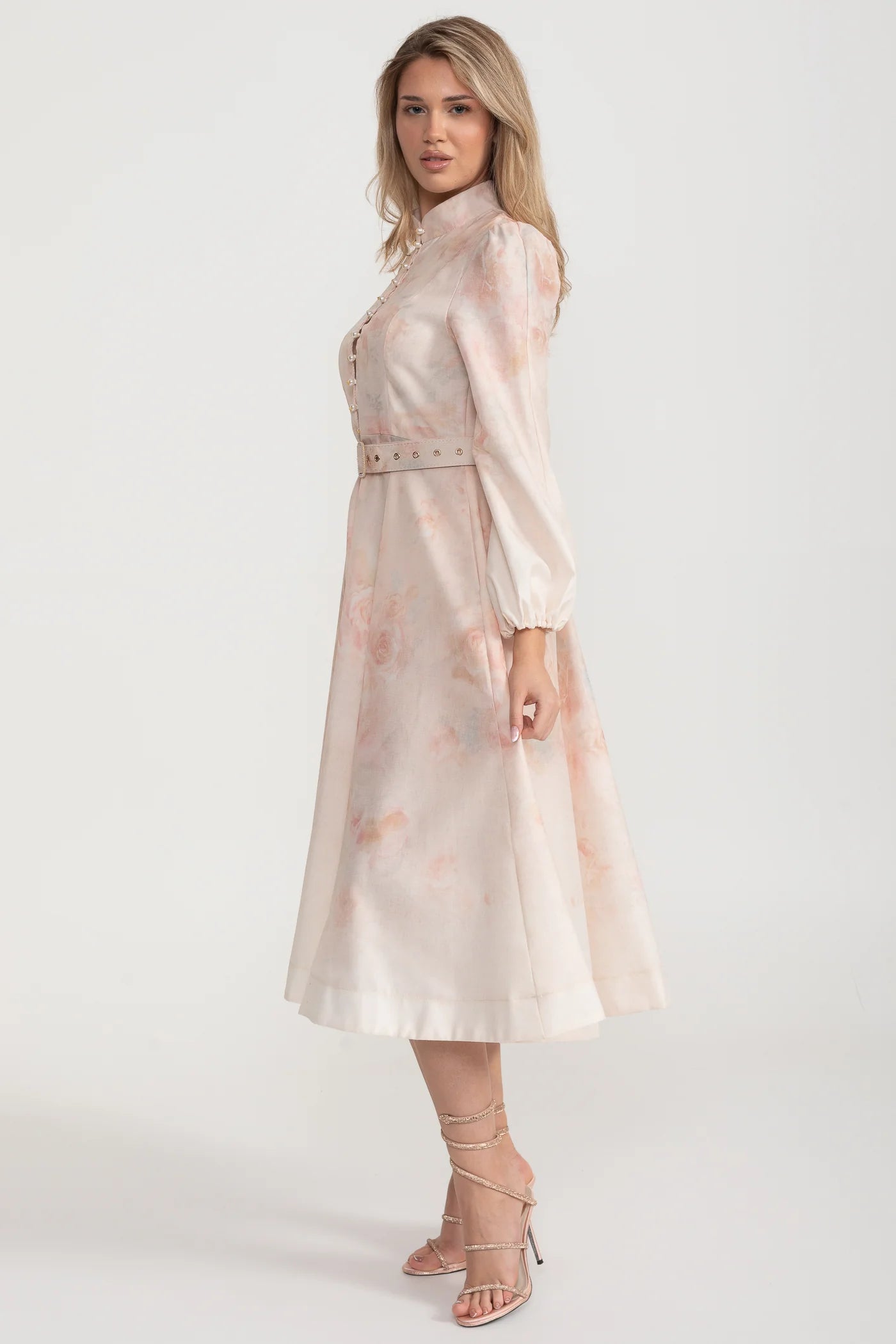 Watercolor Floral Belted Midi Dress with Mandarin Collar – Blush