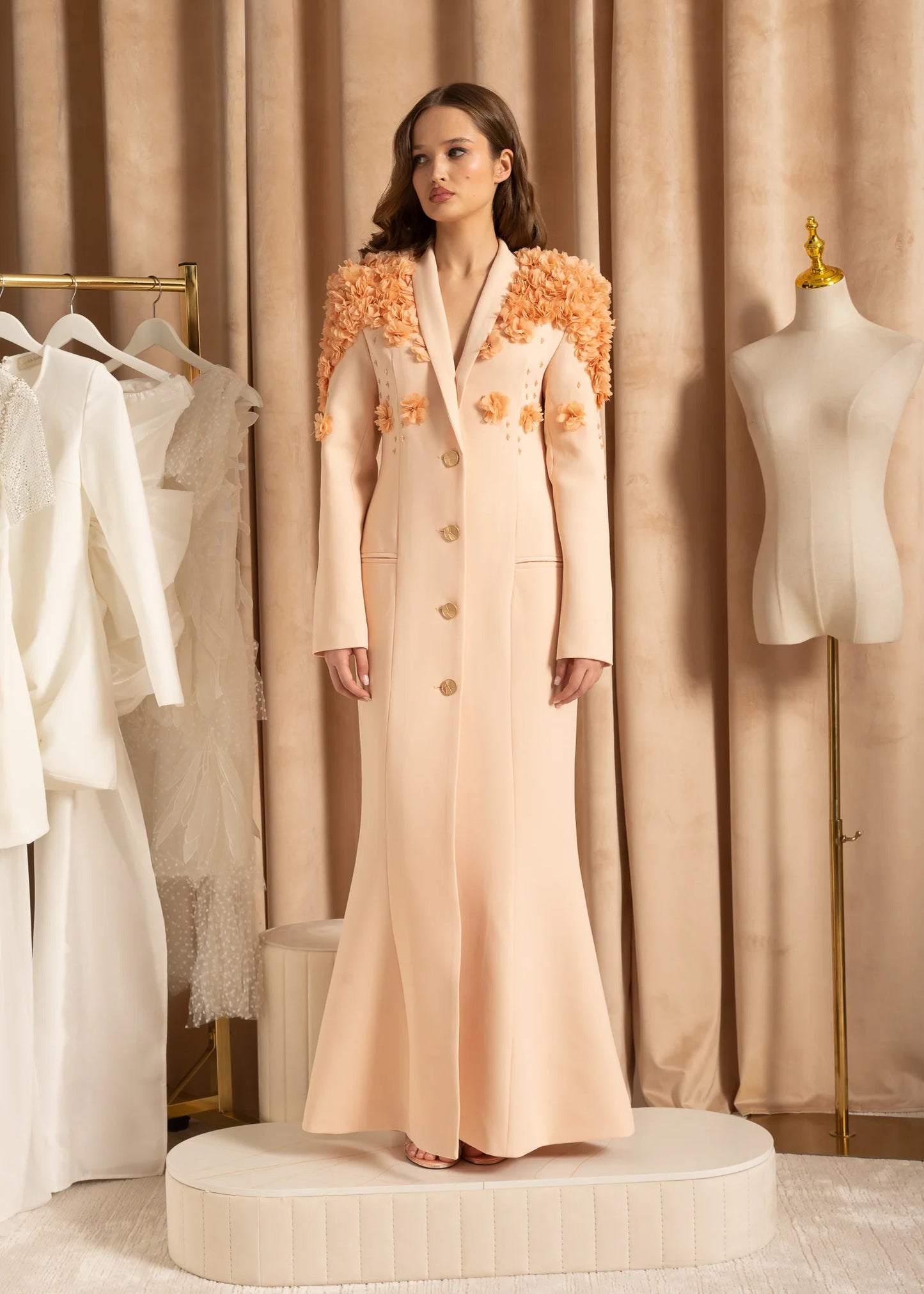 Elegant Overcoat With Textured Floral Shoulder Design - Beige