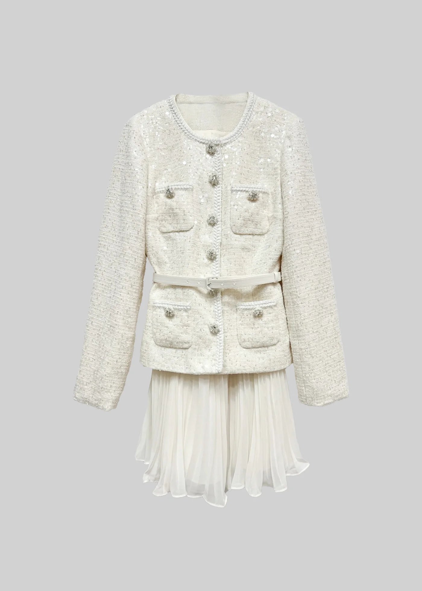 Textured Sequin Knitted Dress With Pleated Mini Skirt - Ivoire
