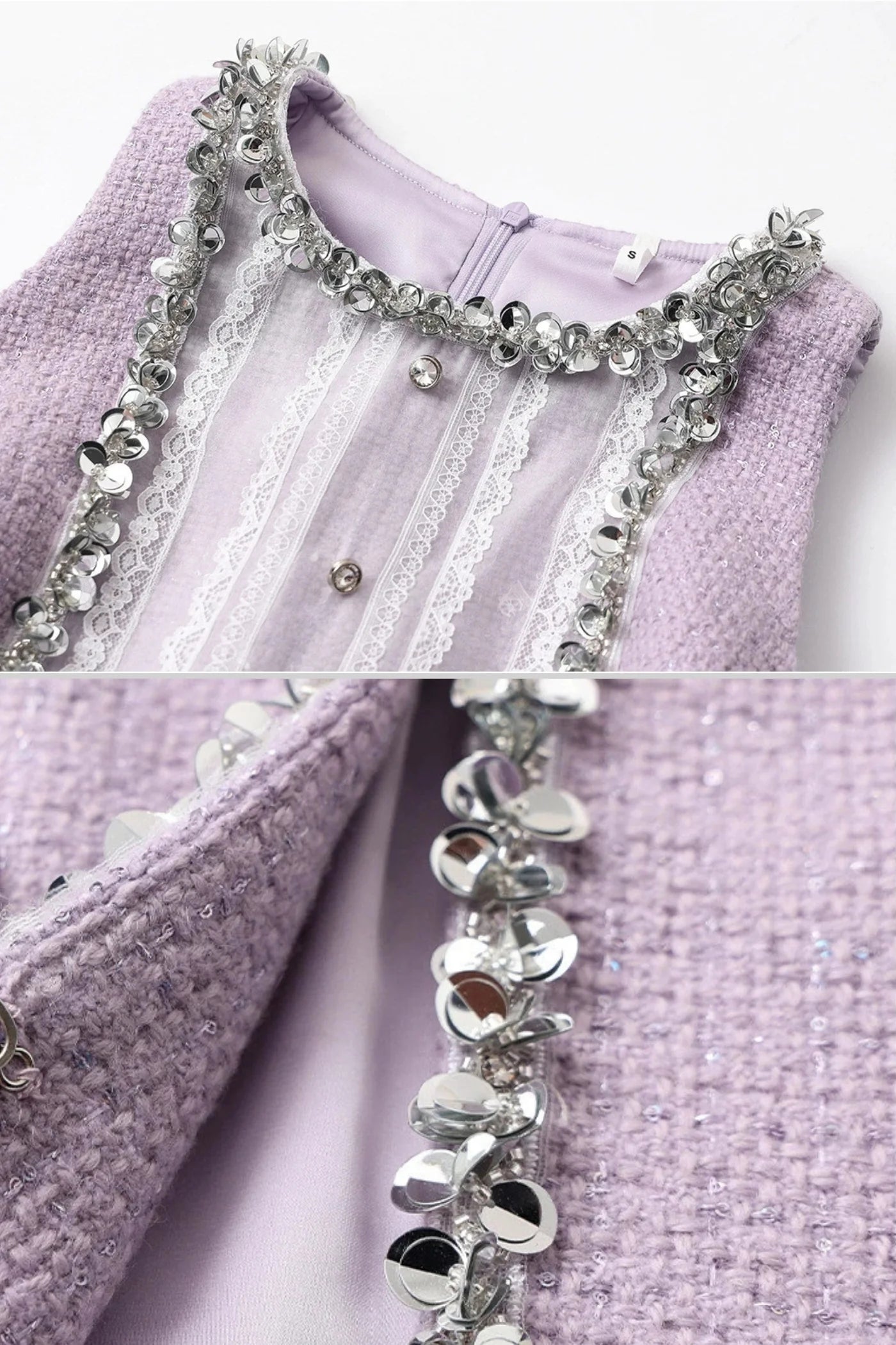 Knit Sequin Mini Dress With Lace Detailing - Purple