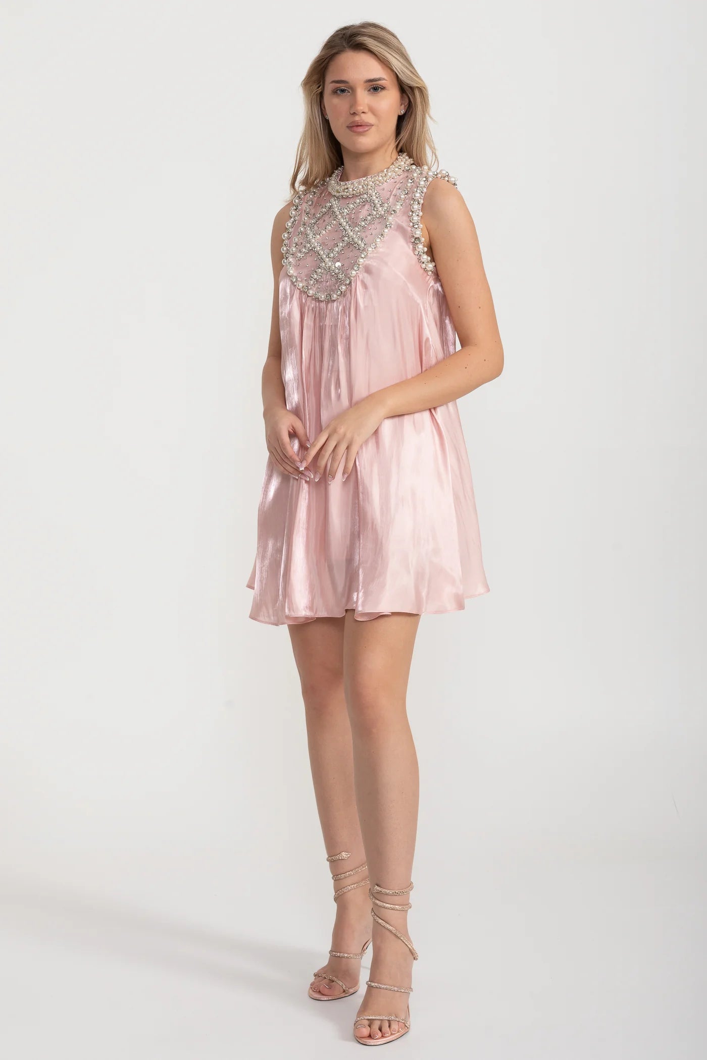 Elegant A-Line Sleeveless Dress With Intricate Pearl And Crystal Embellishments - Pink